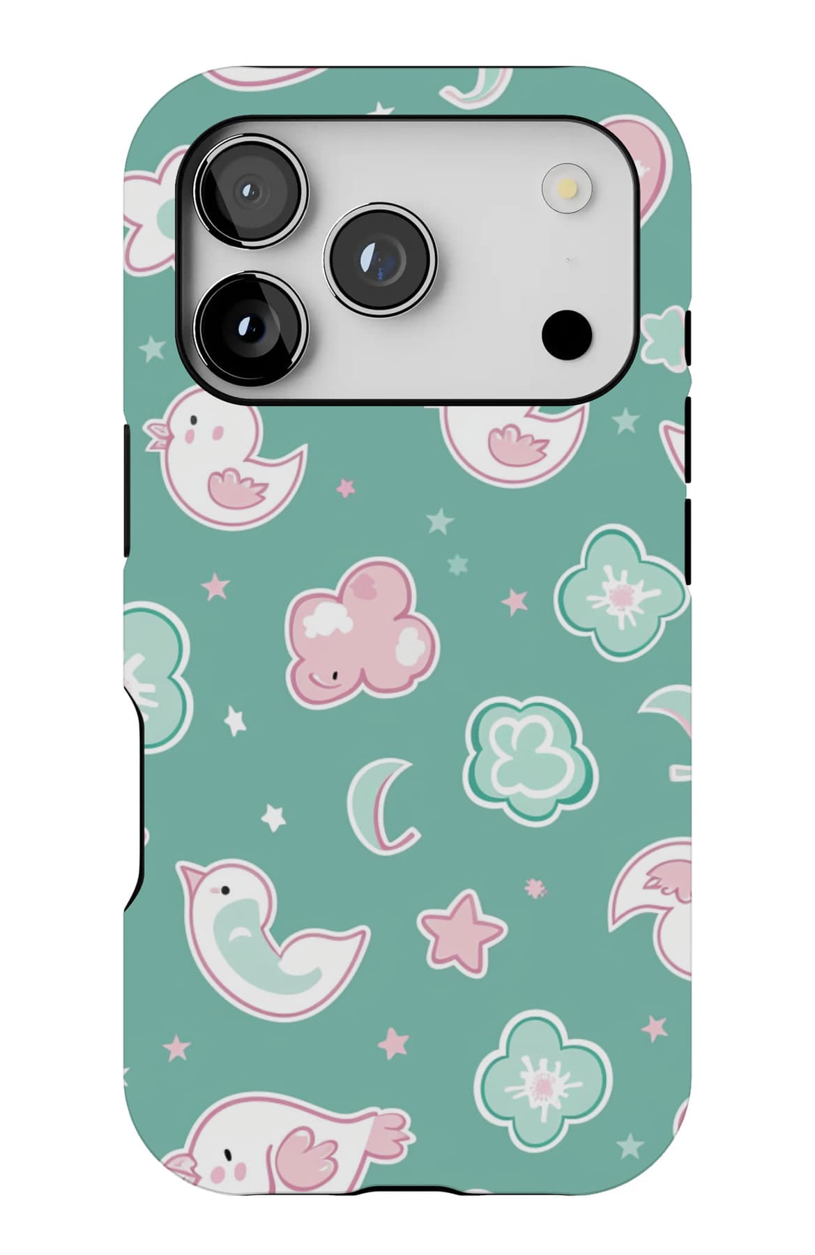 Birds, moons and flowers on mint. Shown on an iPhone.