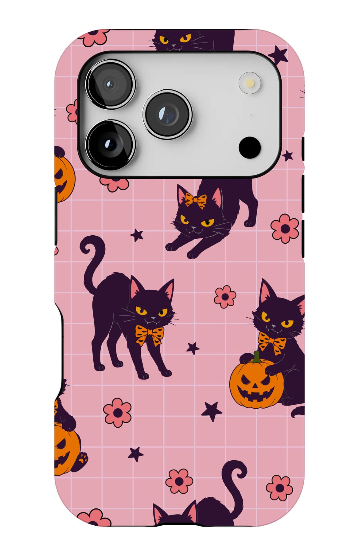 Black cats and pumpkins on pink. Shown on an iPhone.