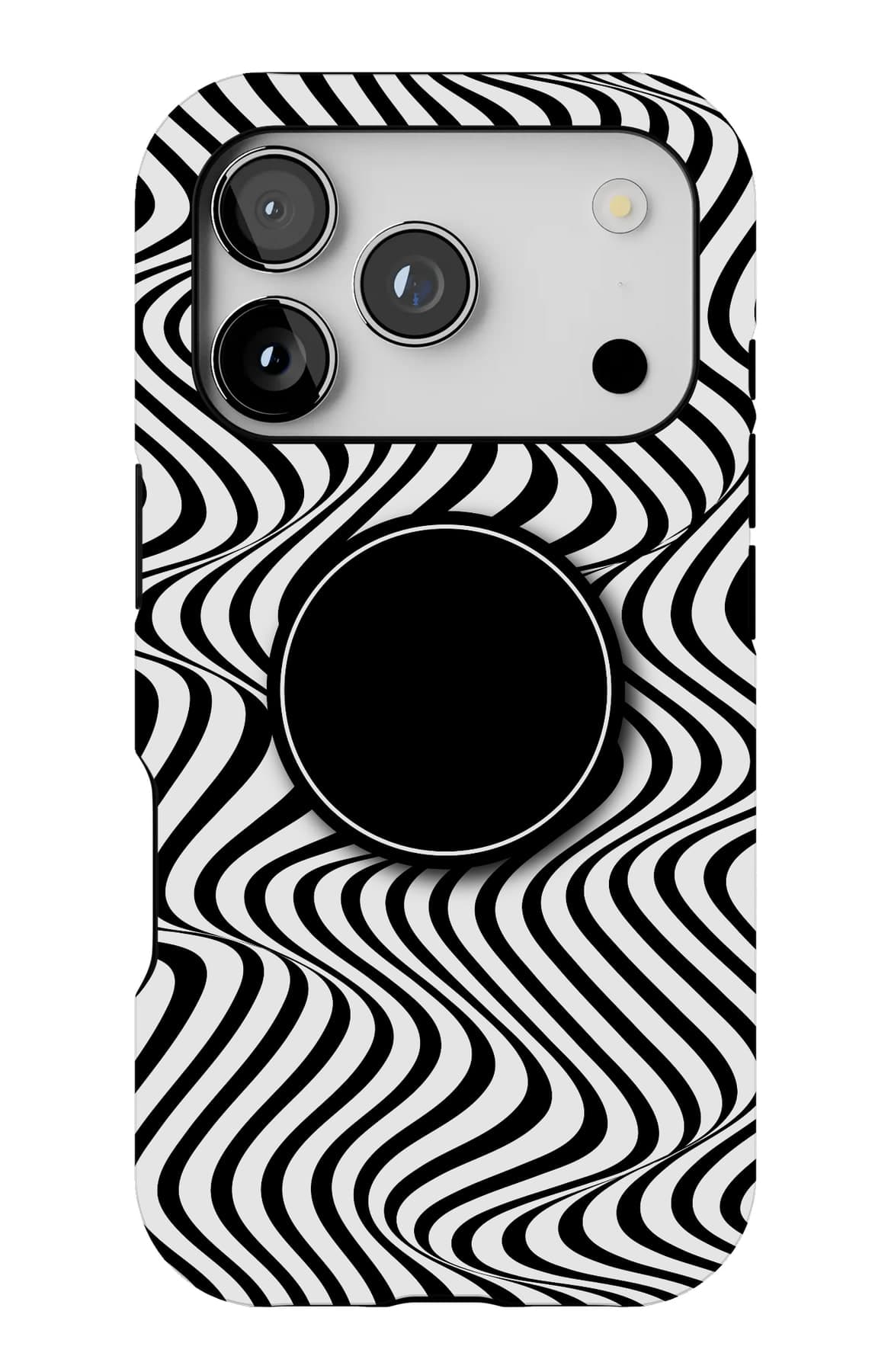 A black disc warping the lines around it. Shown on an iPhone.