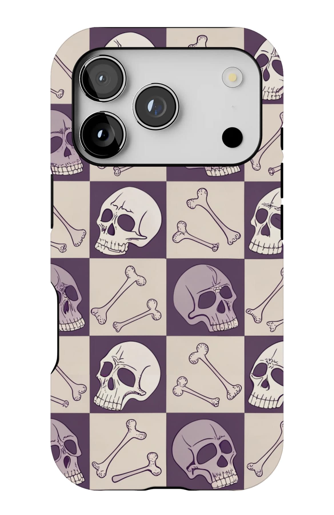 Skulls and bones on a purple check. Shown on an iPhone.