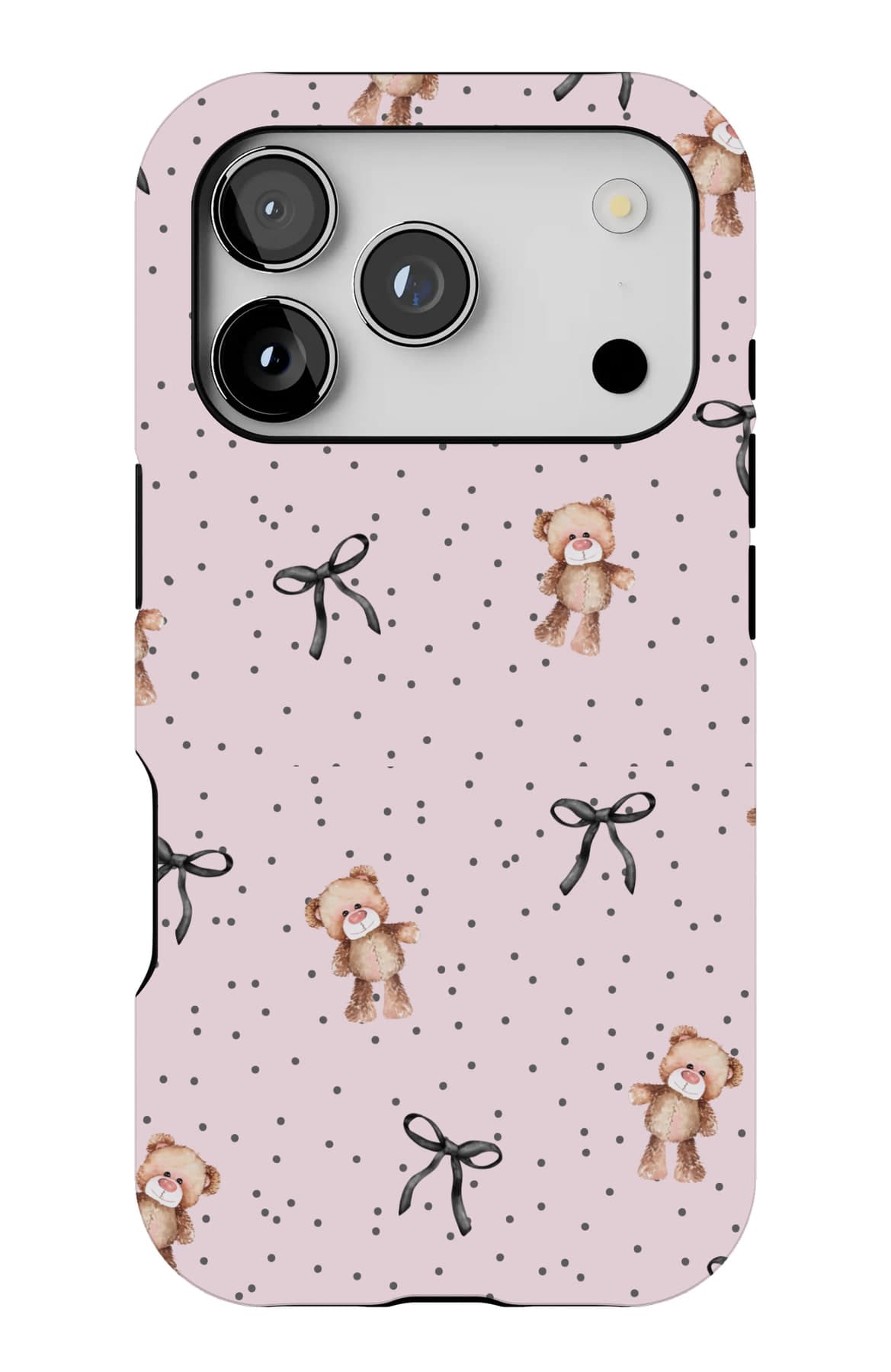 Black bows and small bears on pink. Shown on an iPhone.