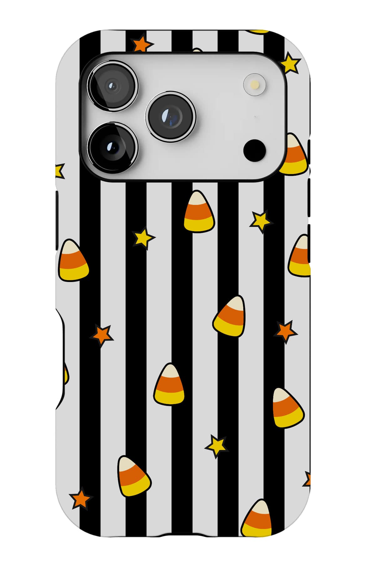 Candy corn between black and white stripes. Shown on an iPhone.