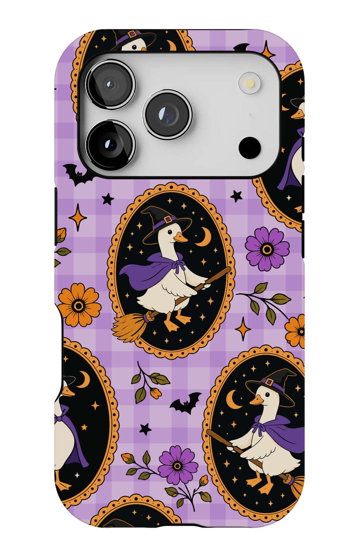 Framed cat portraits on purple. Shown on an iPhone.