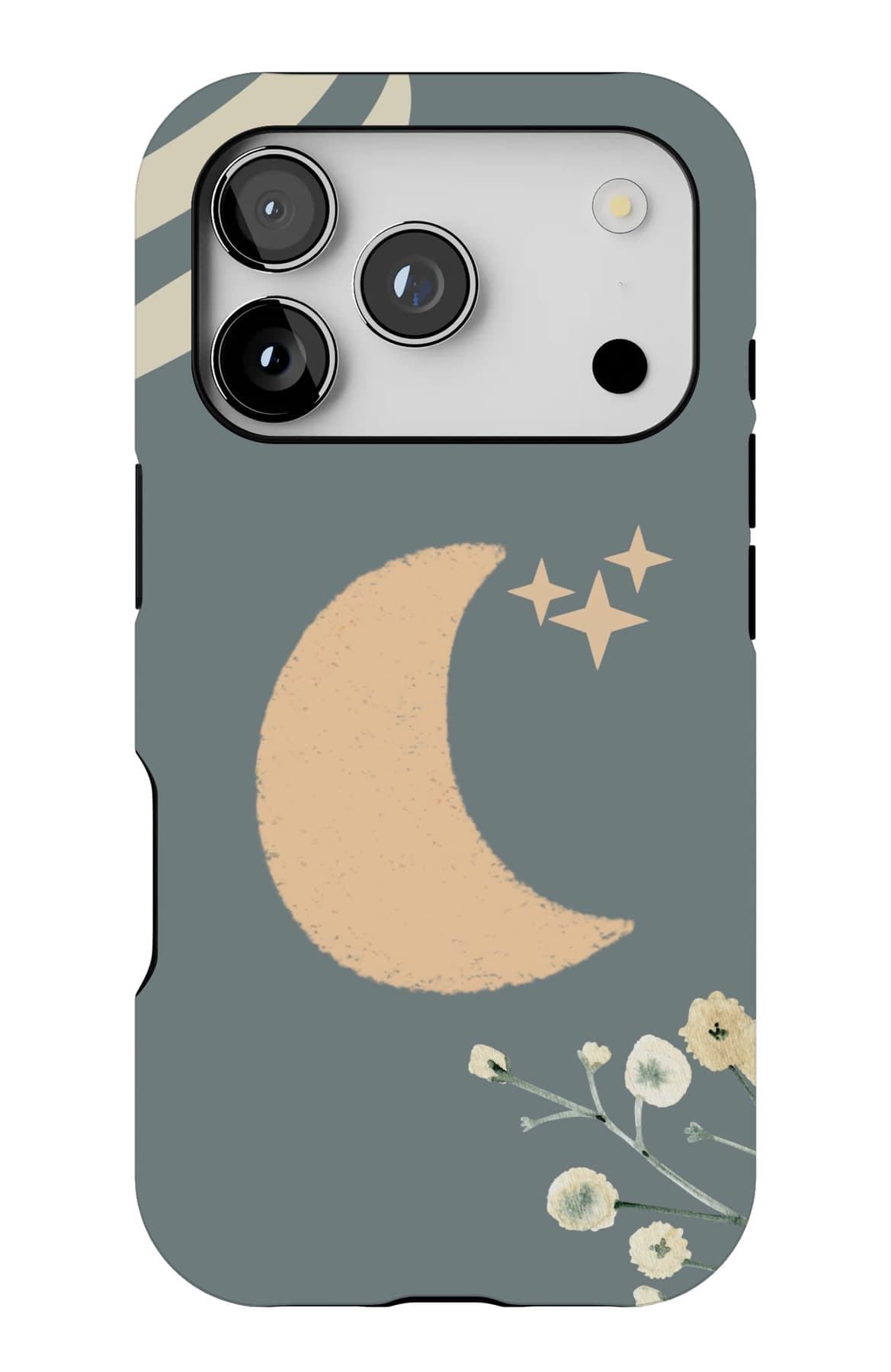 A crescent moon and a dandelion on blue-grey. Shown on an iPhone.