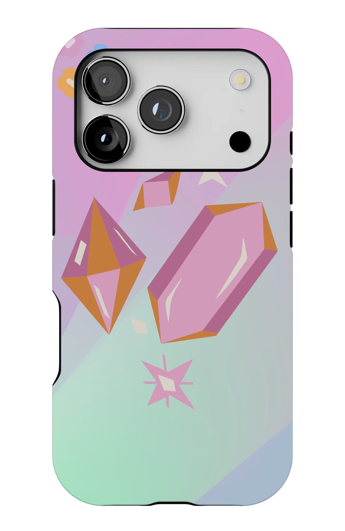 Pink and amber gems on a pastel wash. Shown on an iPhone.
