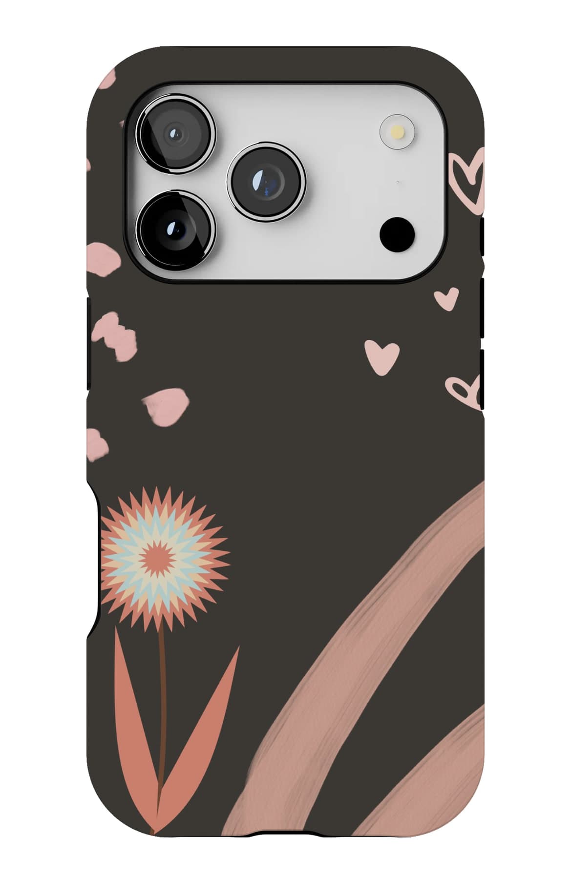 A dandelion and drifting hearts on charcoal. Shown on an iPhone.