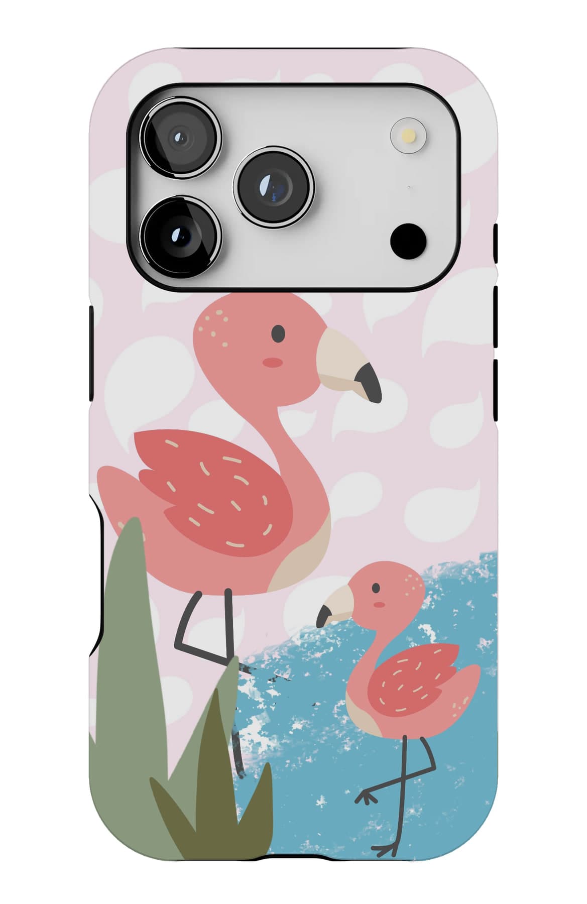 A flamingo and her chick among reeds. Shown on an iPhone.