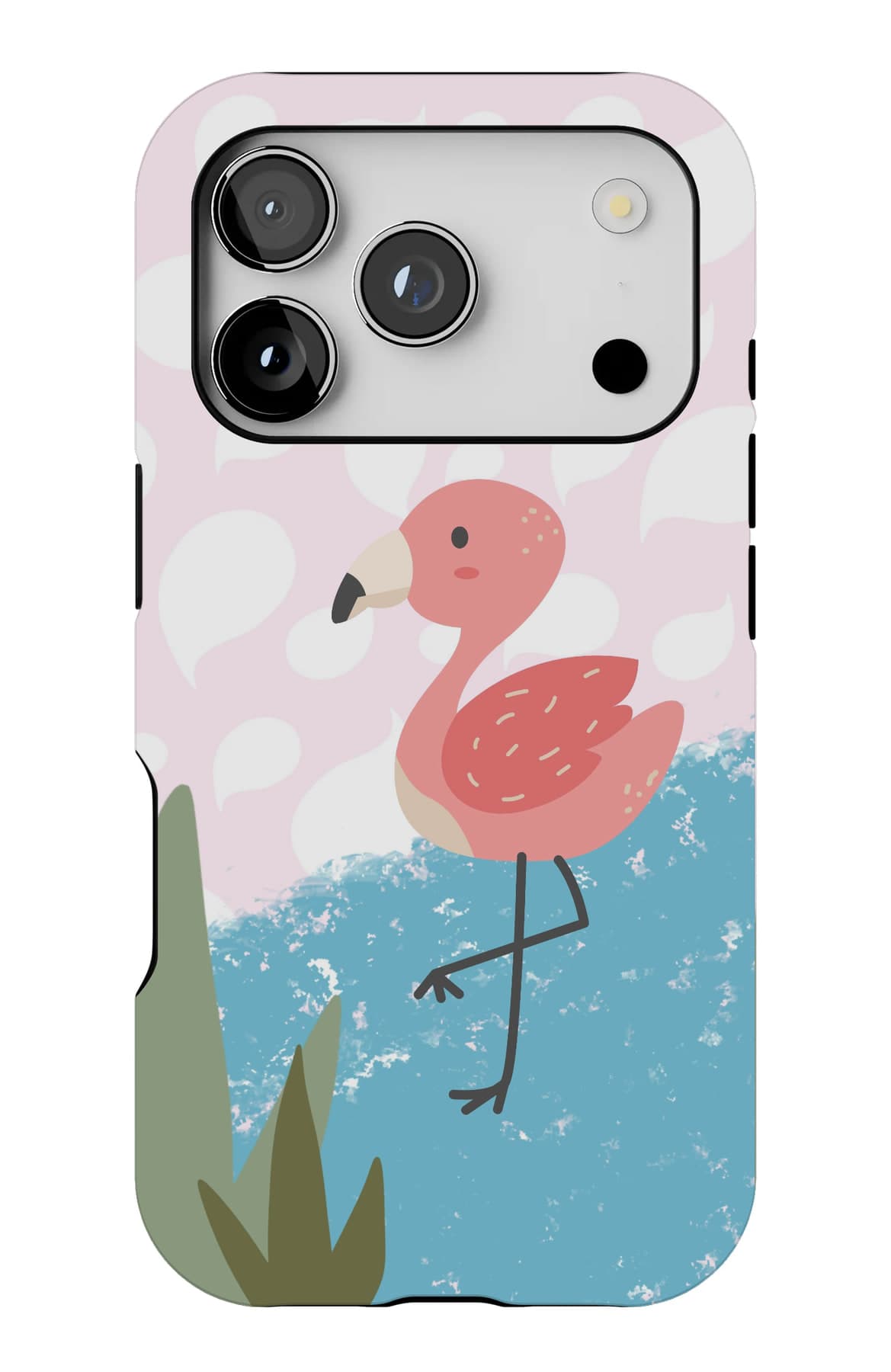 One flamingo standing in shallow water. Shown on an iPhone.