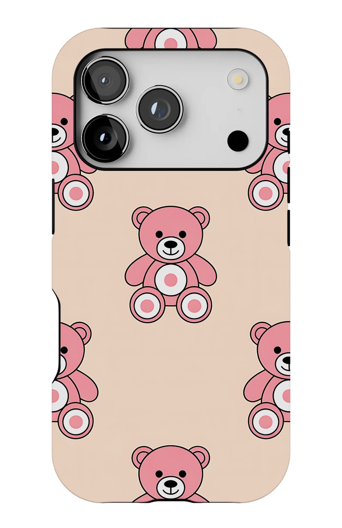 Teddies holding flowers, on peach. Shown on an iPhone.