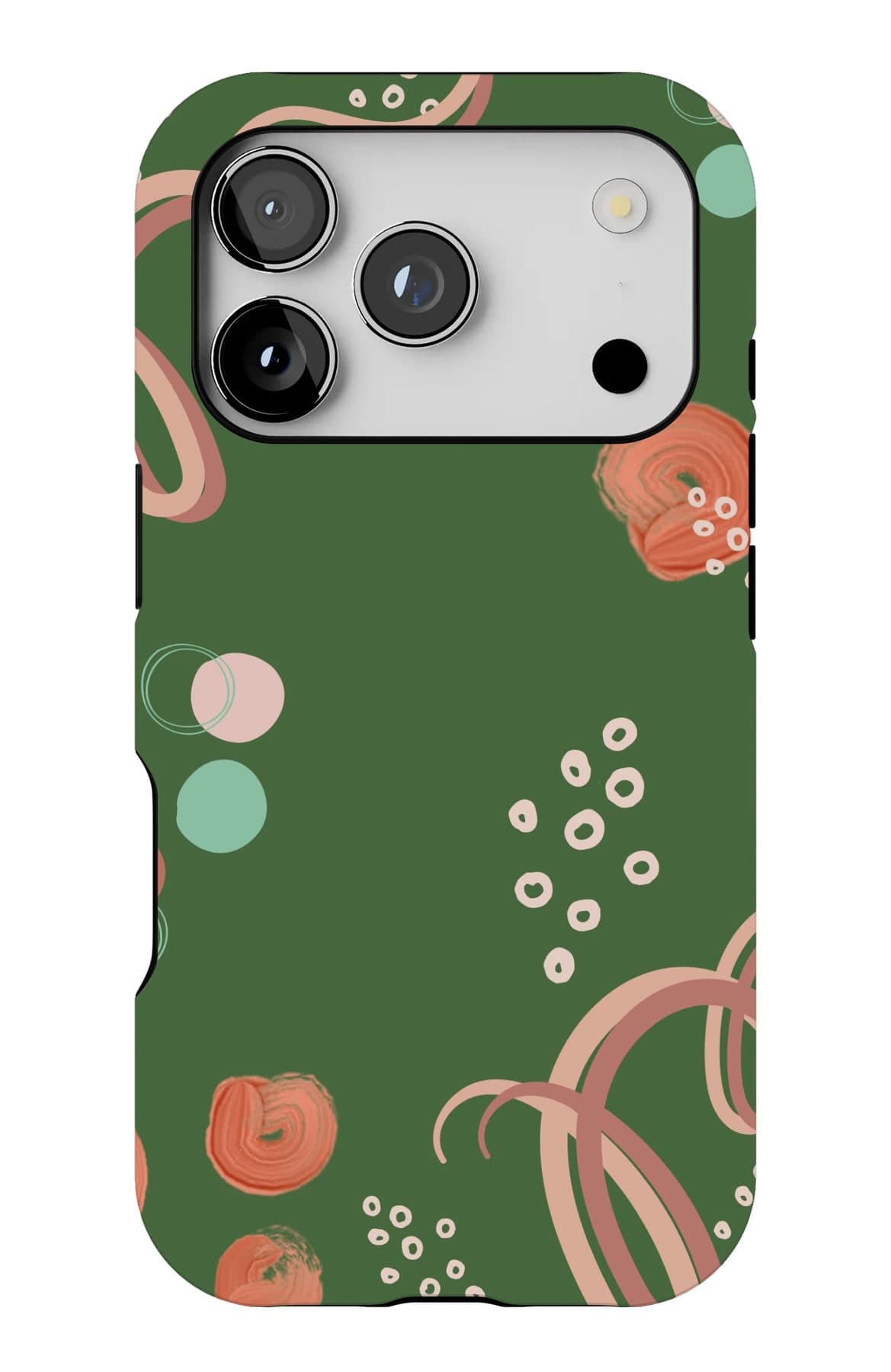 Coral ribbons unwinding on forest green. Shown on an iPhone.