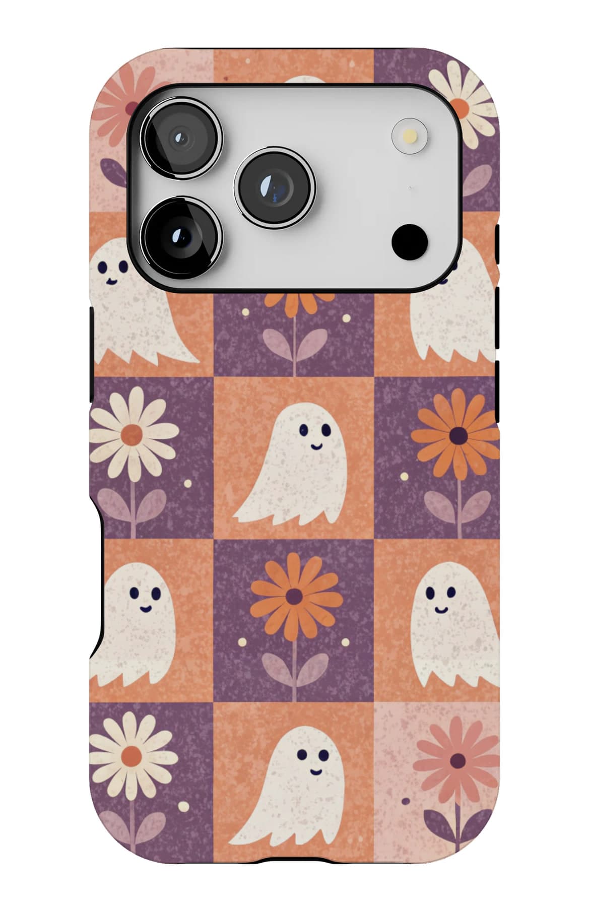 Ghosts and flowers on an orange check. Shown on an iPhone.