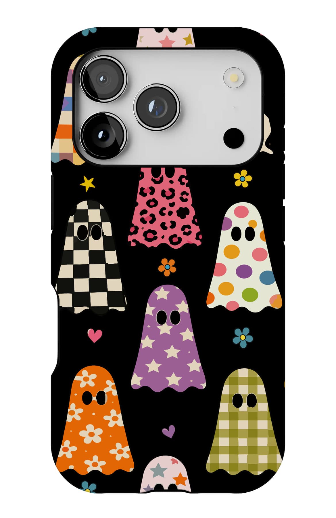 Brightly patterned ghosts on black. Shown on an iPhone.