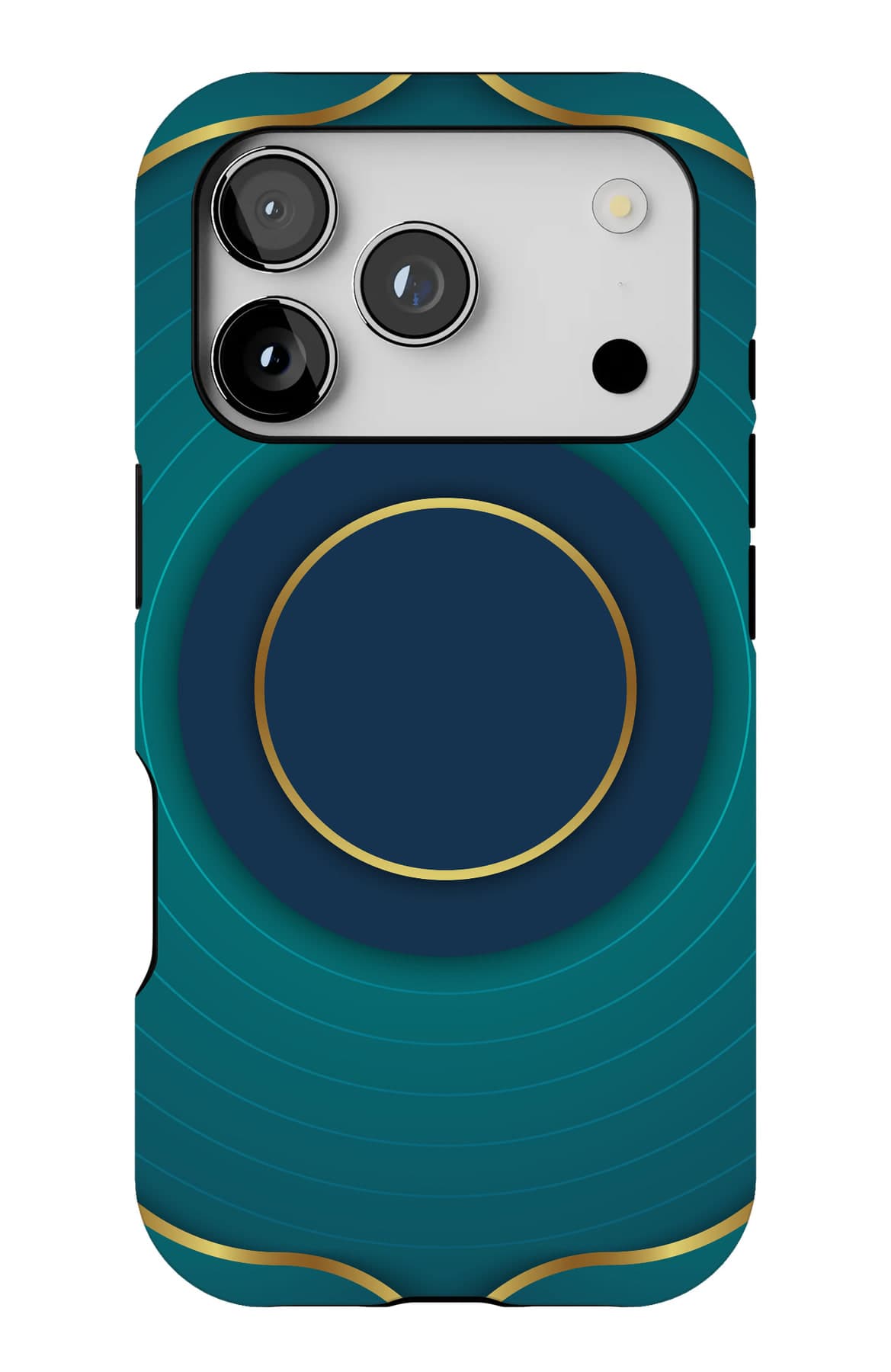 A gold ring on deep teal. Shown on an iPhone.