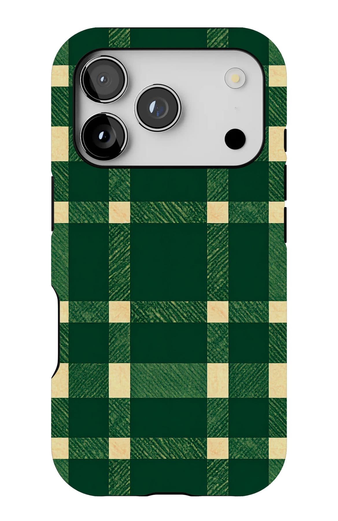 Green and cream, evenly checked. Shown on an iPhone.