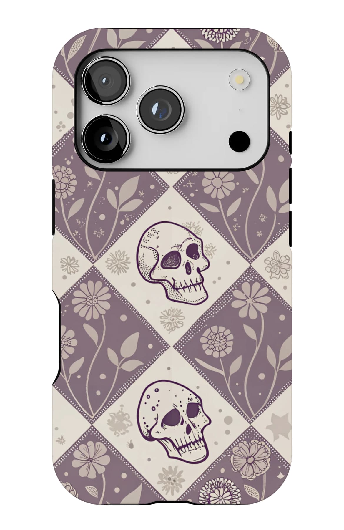 Skulls on a soft grey diamond check. Shown on an iPhone.