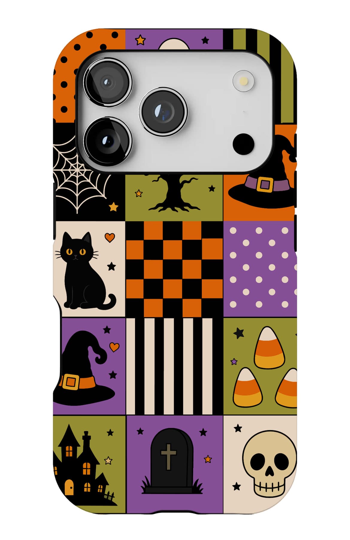Witches, cats and cauldrons in a checker grid. Shown on an iPhone.