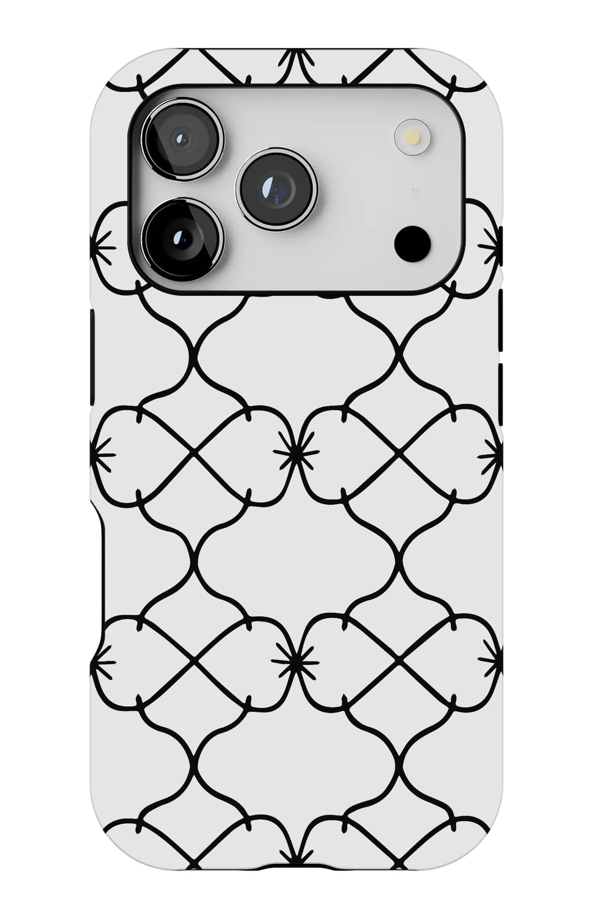 A fine black trellis drawn on white. Shown on an iPhone.