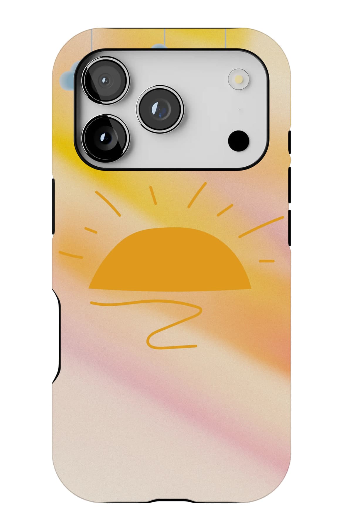 A drawn sun low on a yellow sky. Shown on an iPhone.