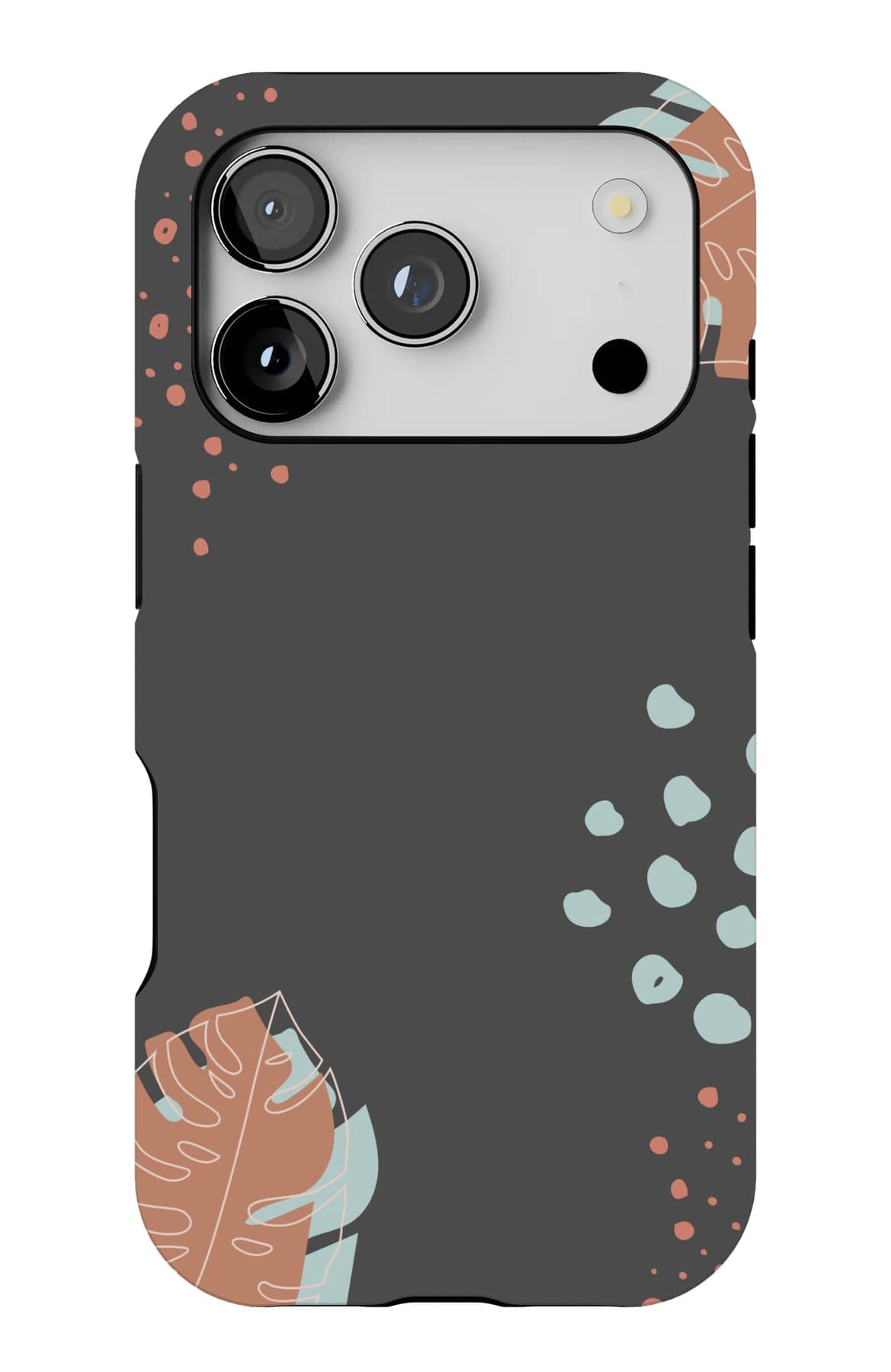 A monstera leaf and scattered dots on charcoal. Shown on an iPhone.