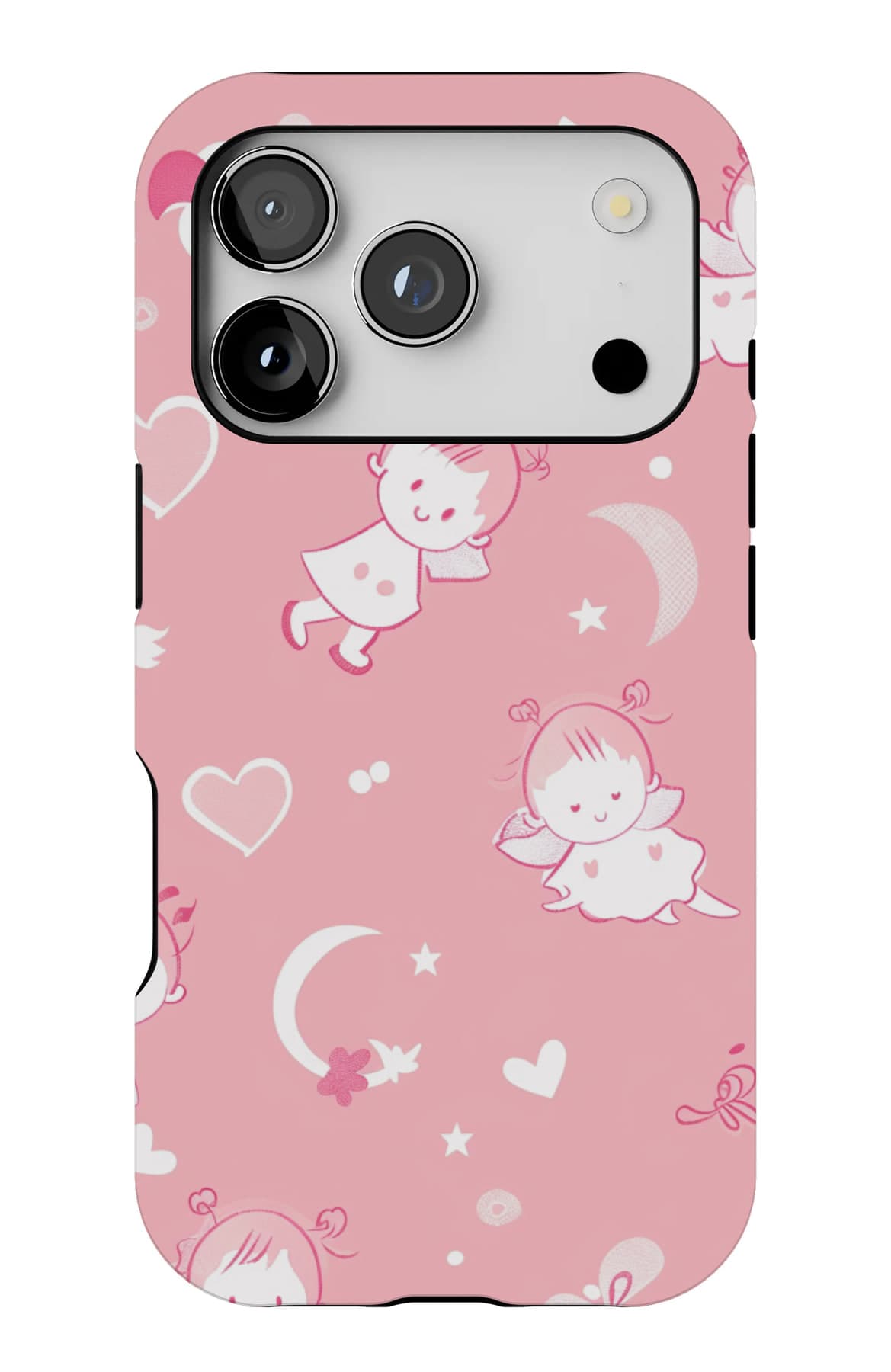 White bunnies, moons and stars on pink. Shown on an iPhone.