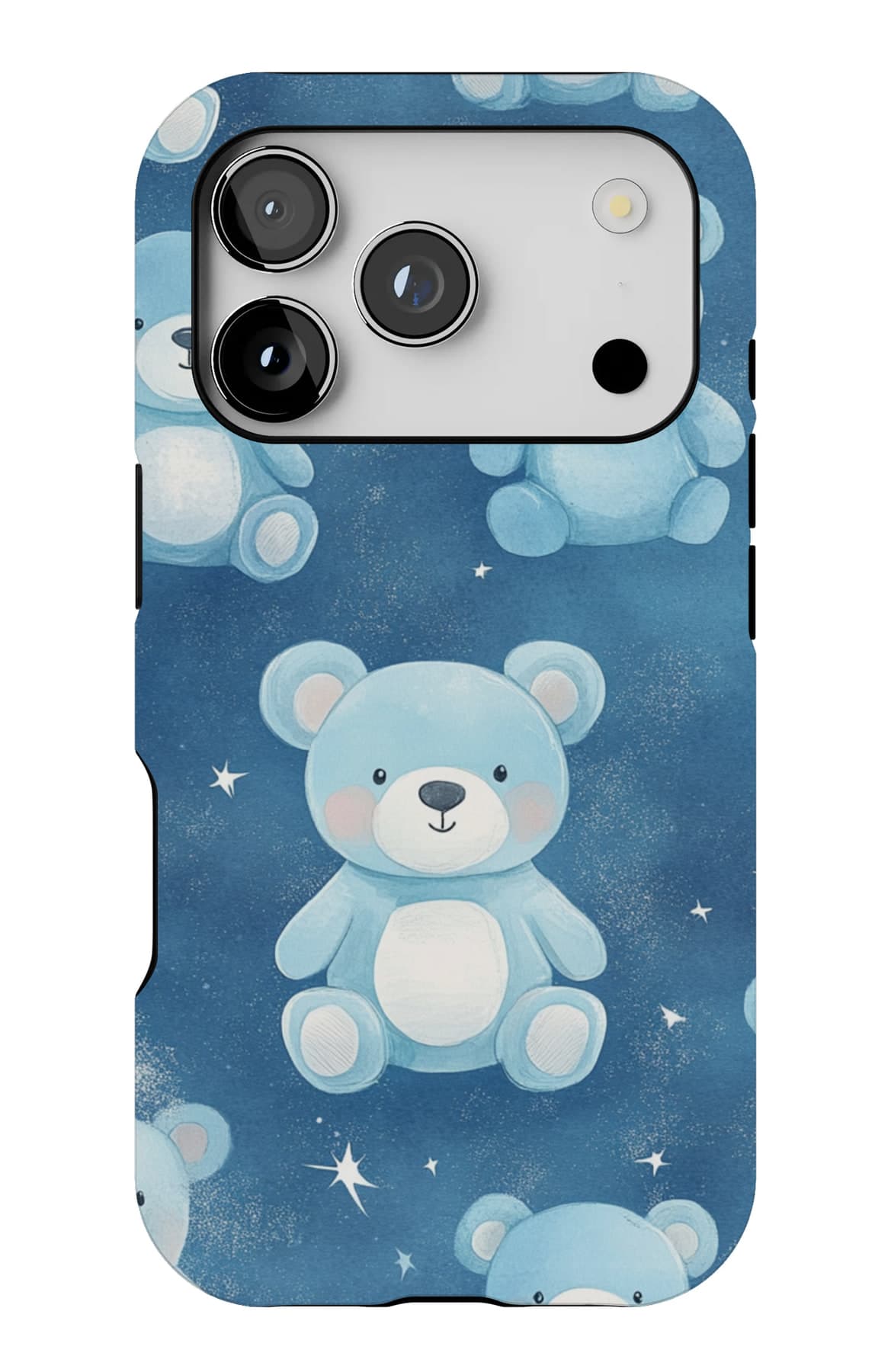 Blue teddies and stars on navy. Shown on an iPhone.