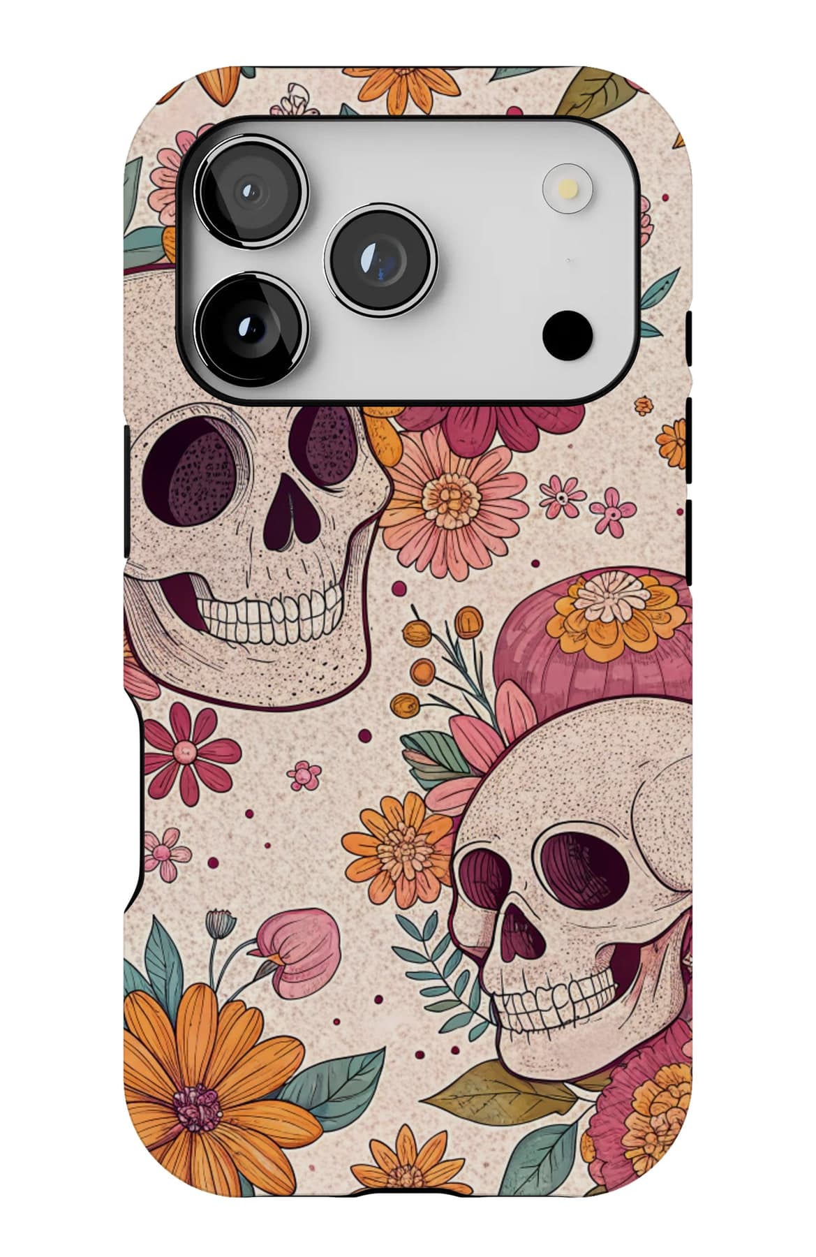 A pale skull and flowers in the dark. Shown on an iPhone.