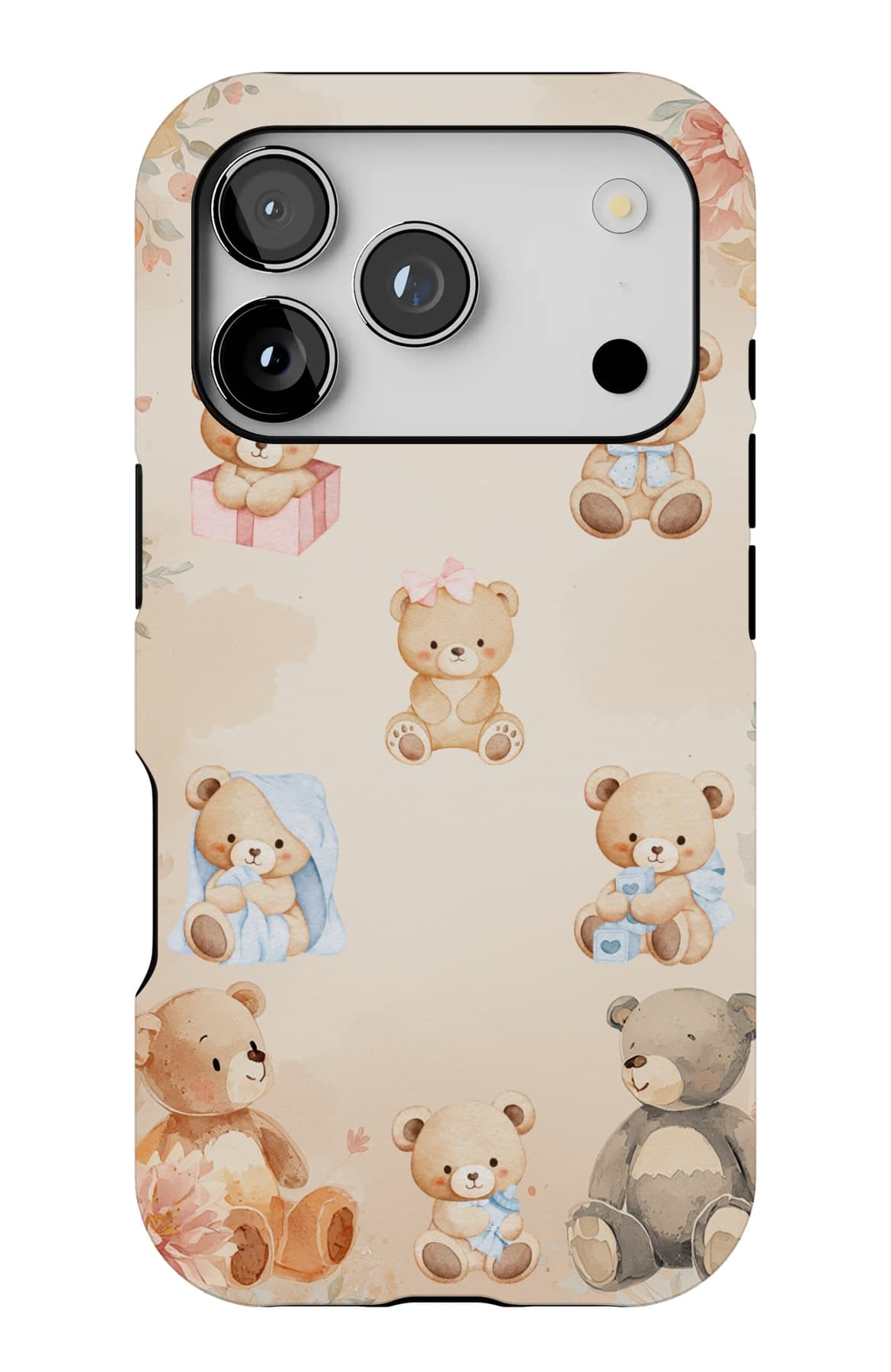 Dressed bears on warm cream. Shown on an iPhone.