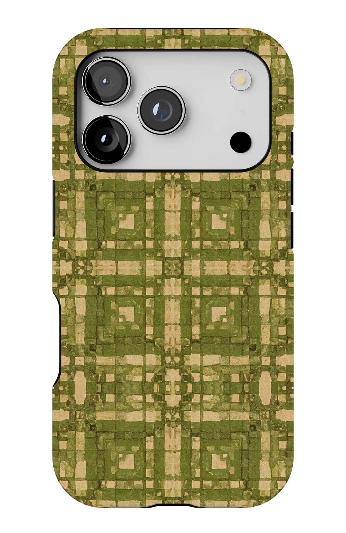 Large olive gingham squares. Shown on an iPhone.