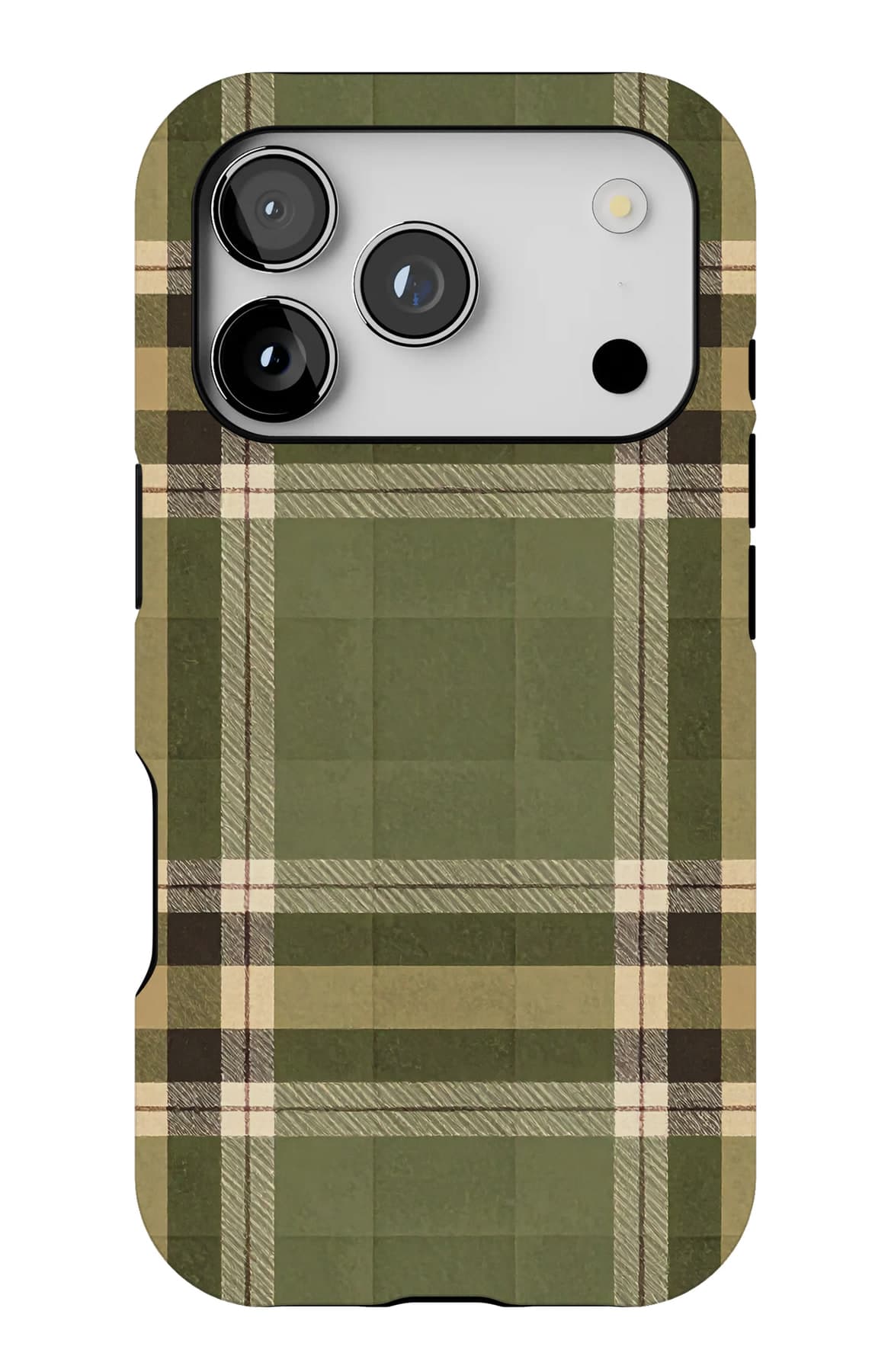 Olive and cream plaid, softly worn. Shown on an iPhone.