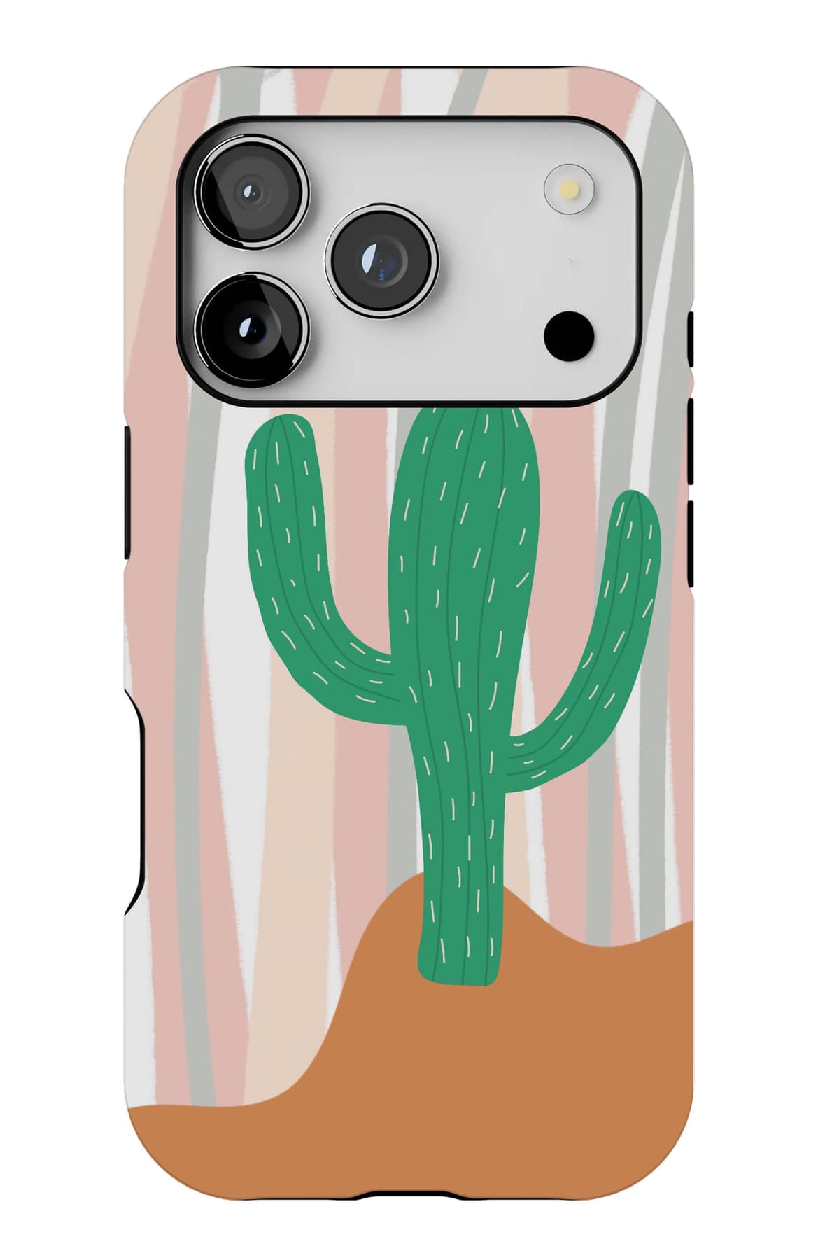 A single cactus against striped curtains. Shown on an iPhone.