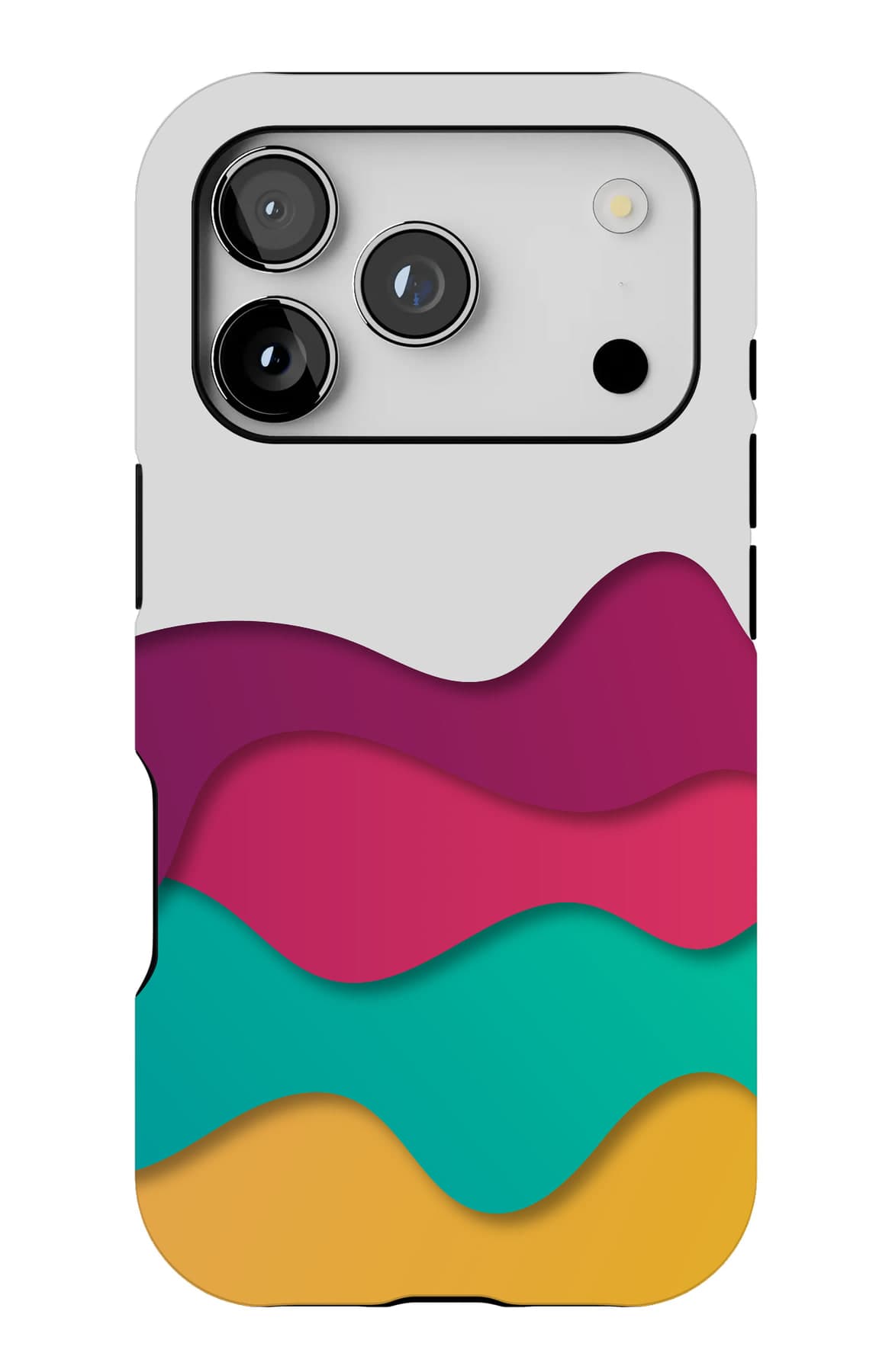 Cut-paper waves in magenta and teal. Shown on an iPhone.