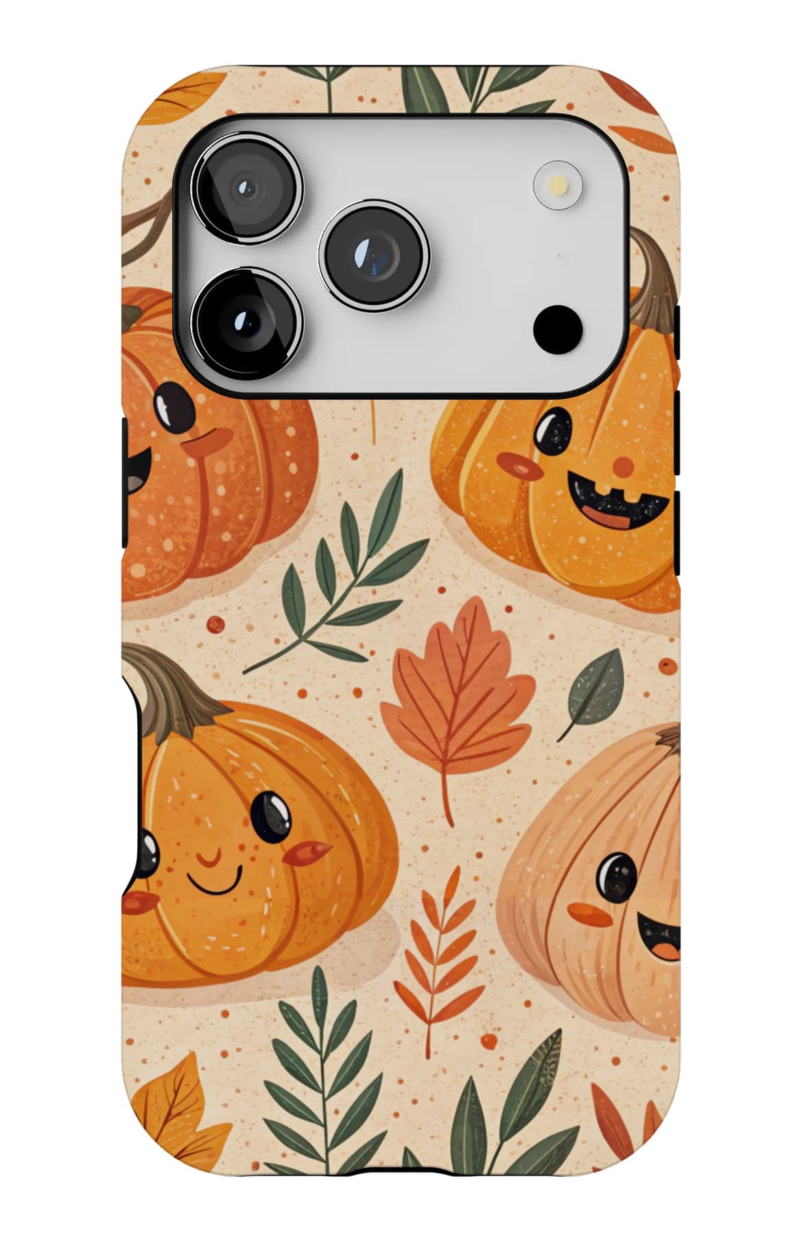 Pumpkins among turning leaves. Shown on an iPhone.