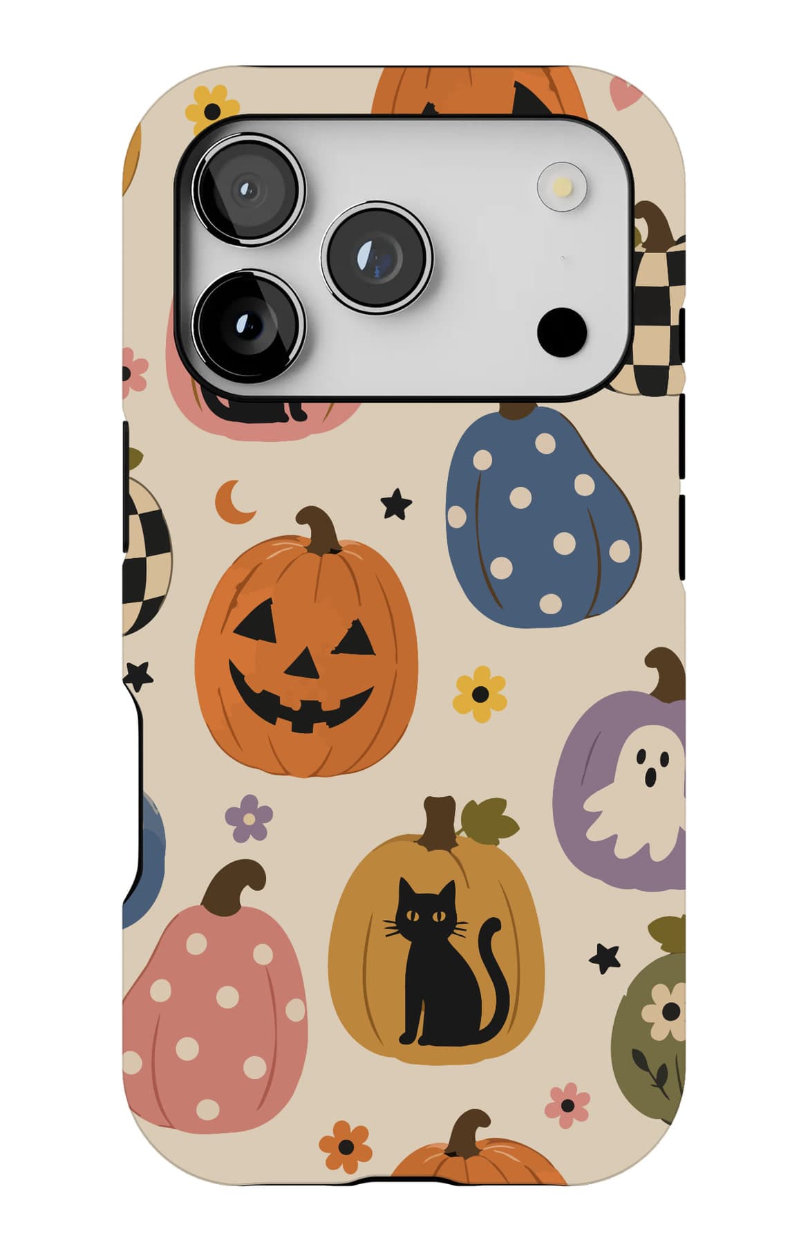 Pumpkins, black cats and ghosts on cream. Shown on an iPhone.