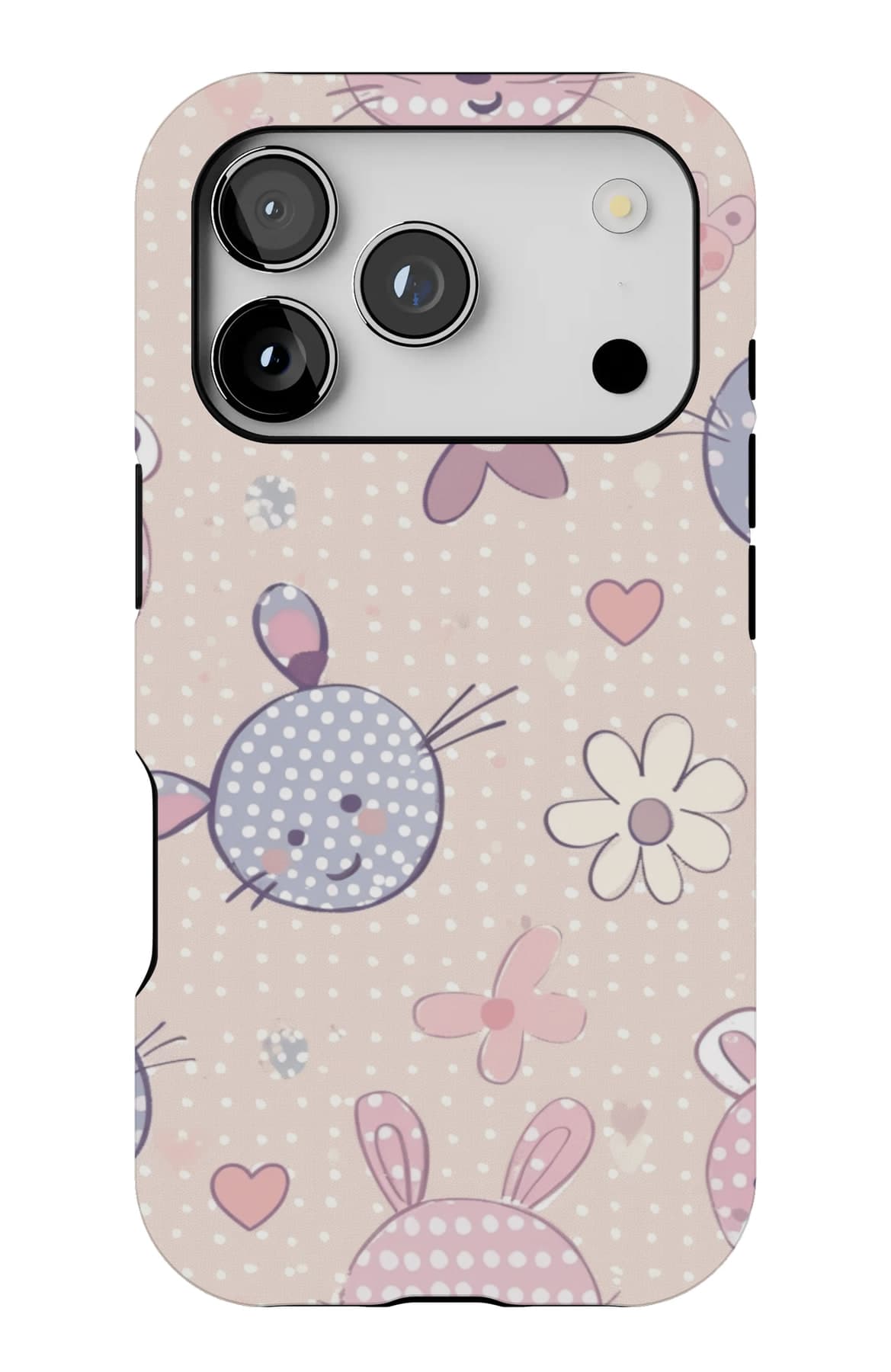 Lilac rabbits and ribbon on cream. Shown on an iPhone.