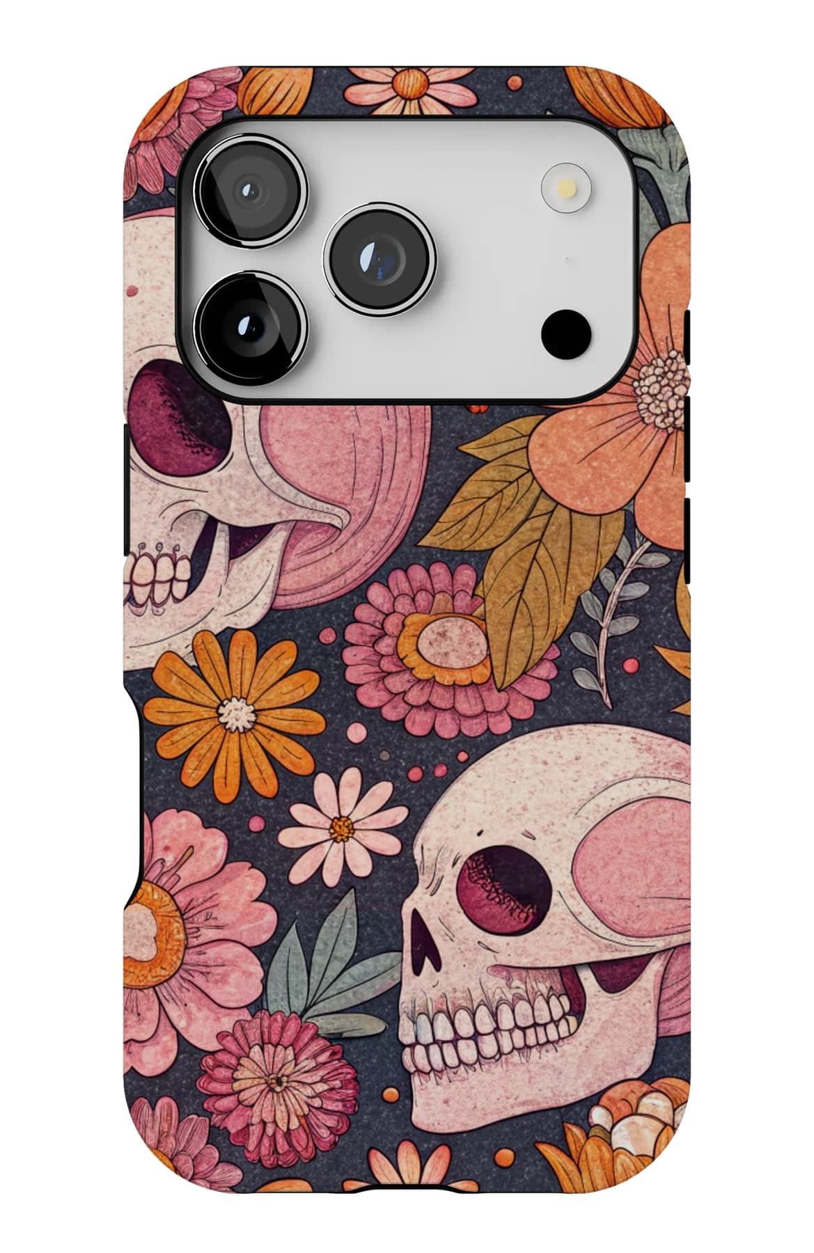 A pink skull among dark blooms. Shown on an iPhone.