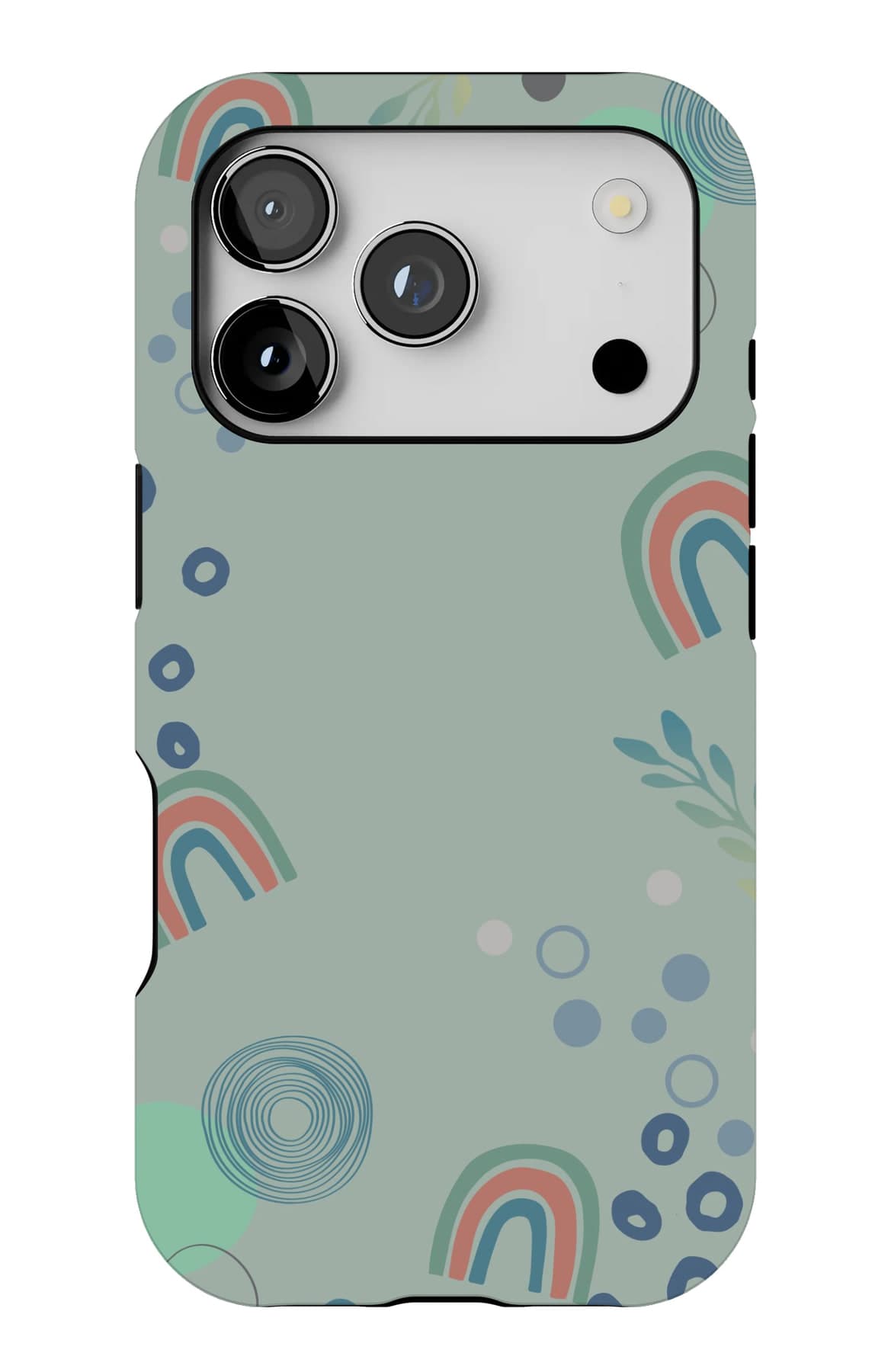Soft rainbows and circles on sage. Shown on an iPhone.