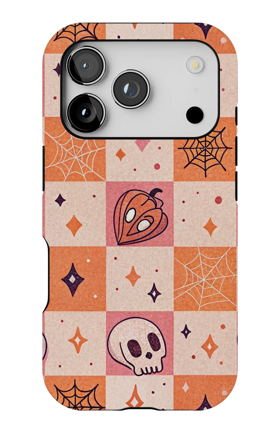 Skulls on a pink and cream checkerboard. Shown on an iPhone.
