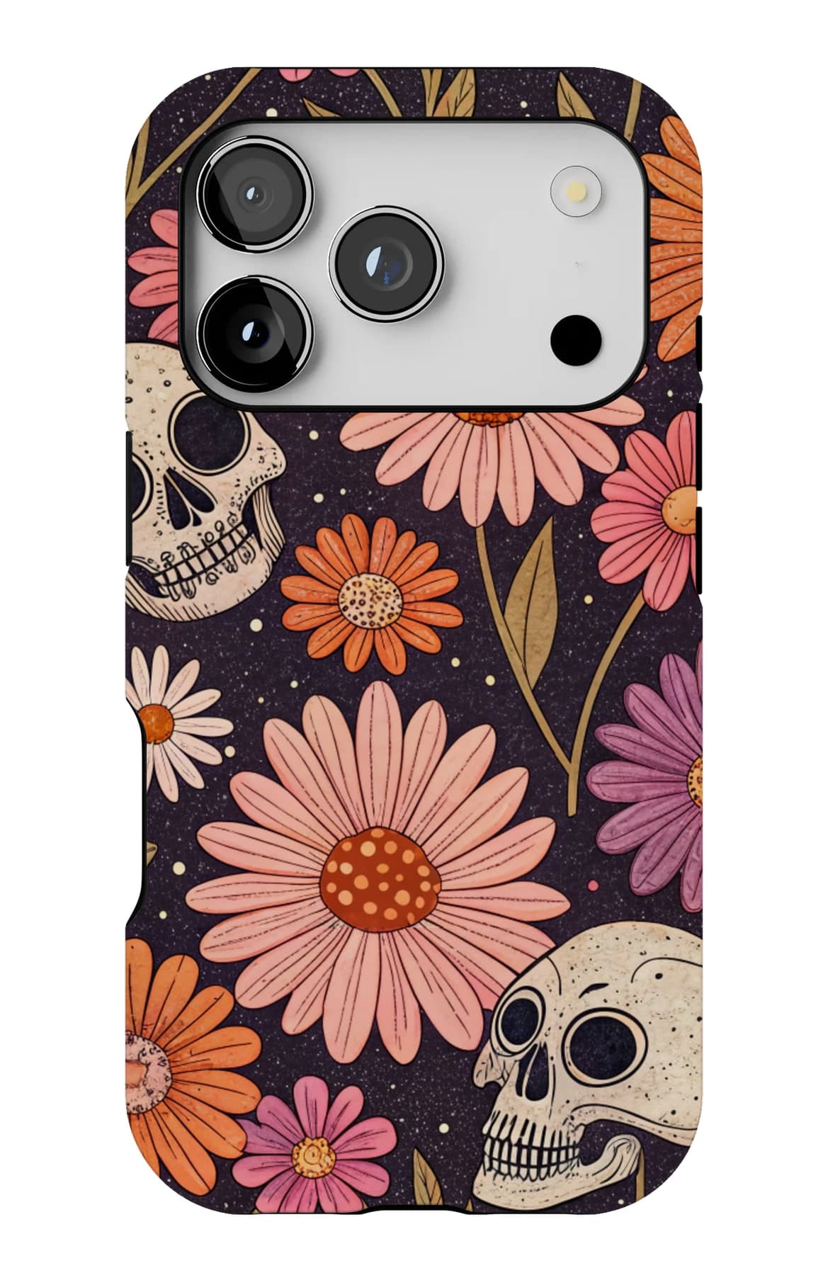 Skulls and bright daisies on black. Shown on an iPhone.