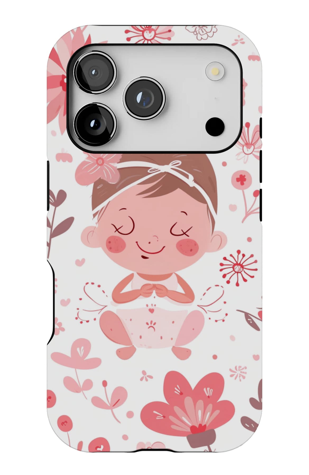 A sleeping baby among pink flowers. Shown on an iPhone.