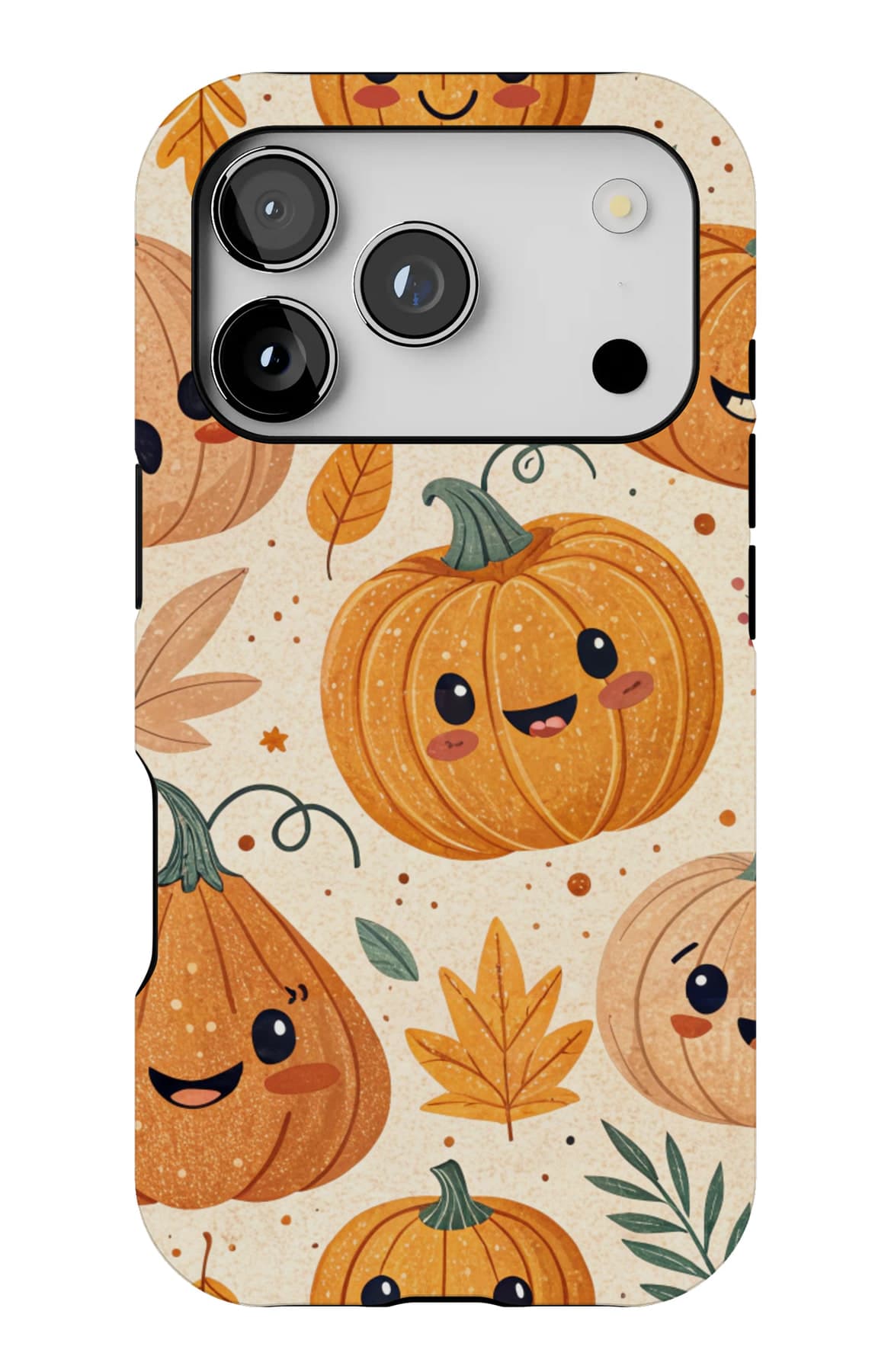 Rows of grinning pumpkins on cream. Shown on an iPhone.