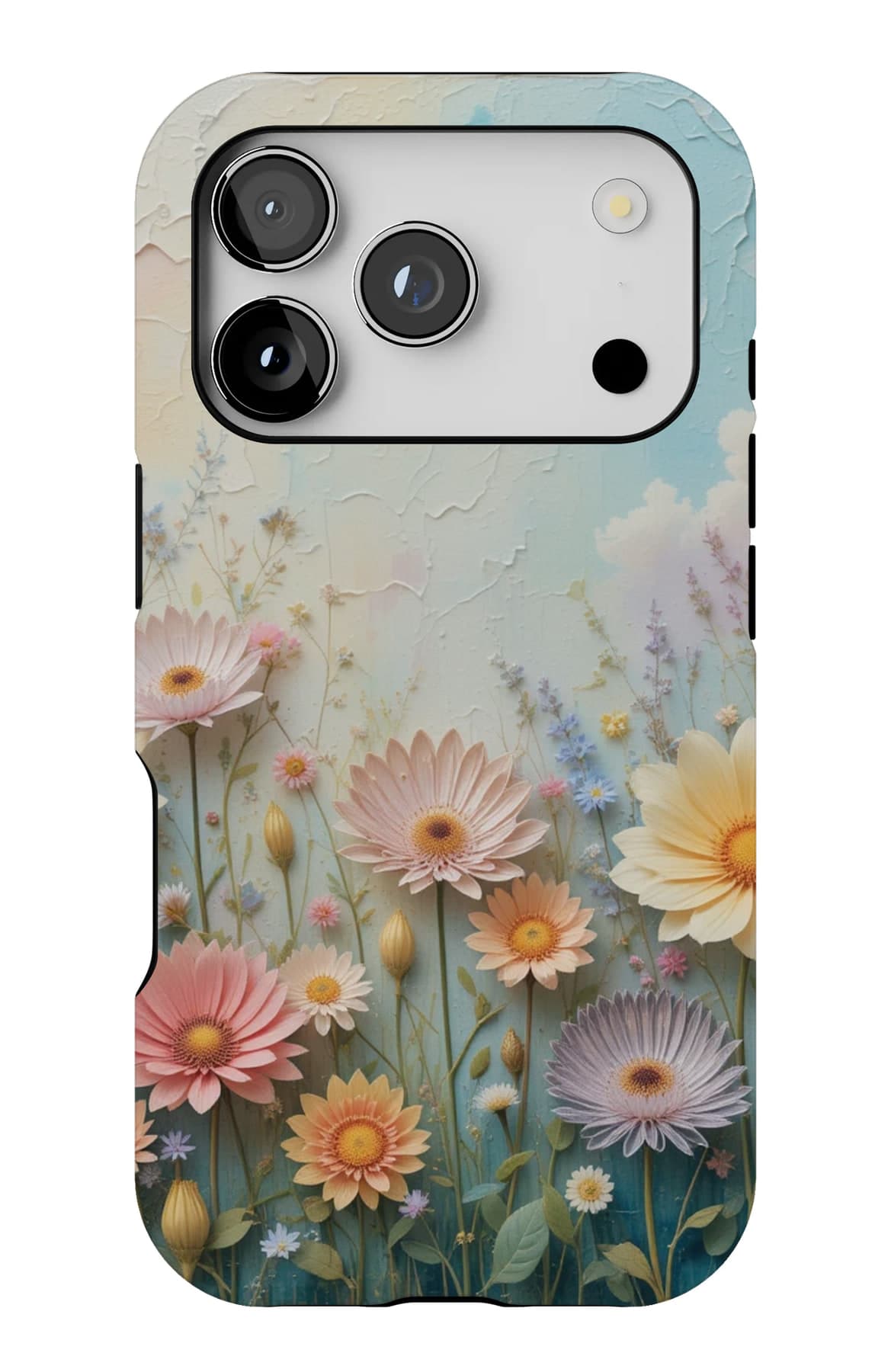 Pale flowers on warm plaster. Shown on an iPhone.
