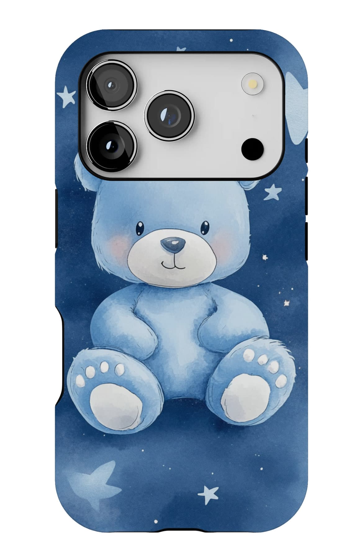 A blue teddy under navy stars. Shown on an iPhone.