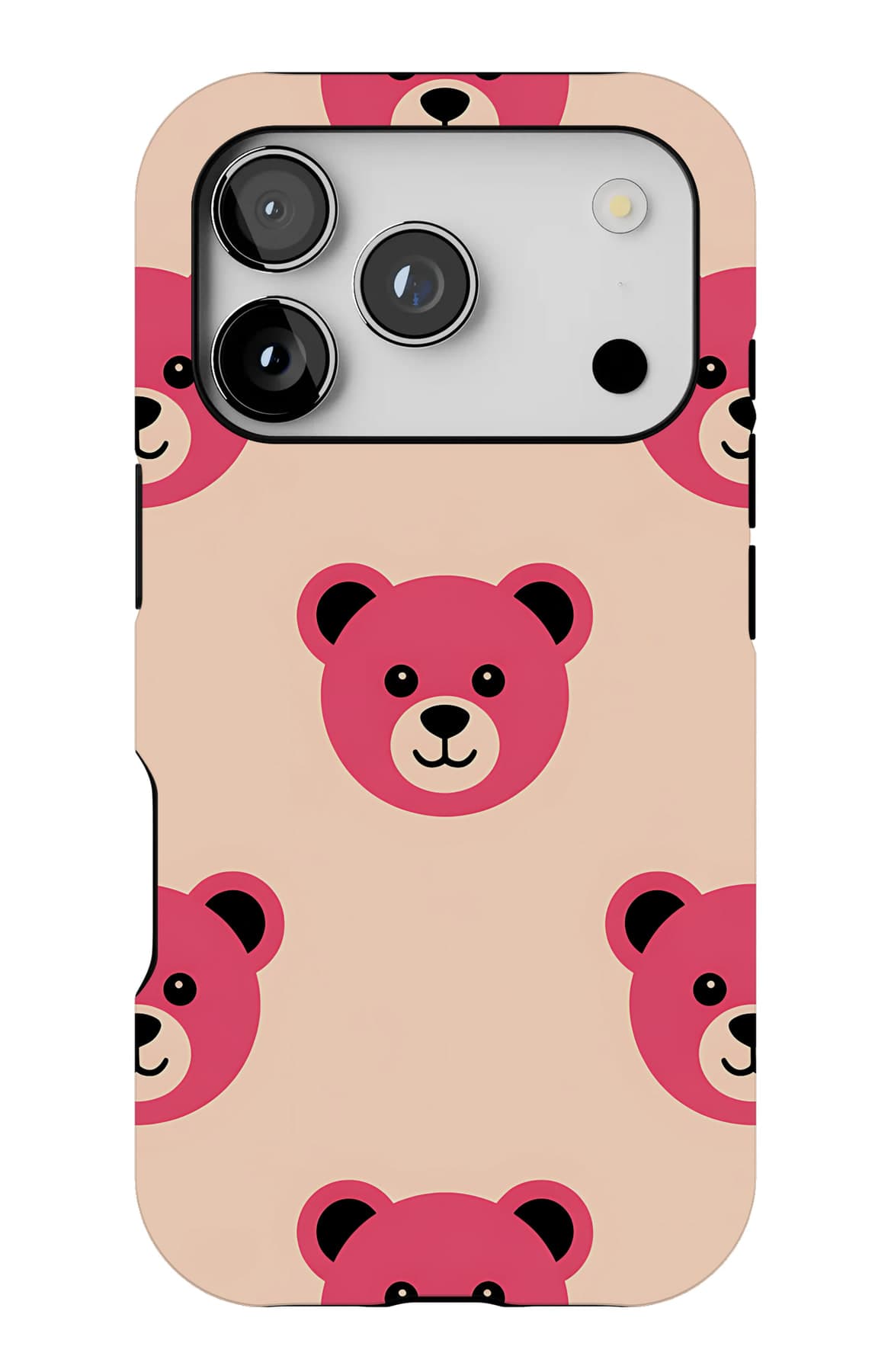 Pink teddies packed close on cream. Shown on an iPhone.
