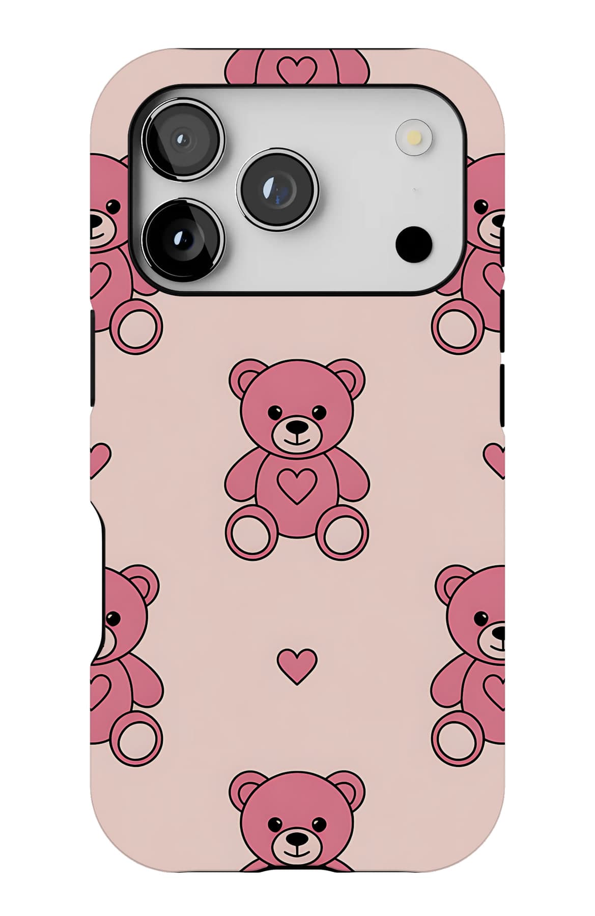 Pink teddies and gold stars on white. Shown on an iPhone.