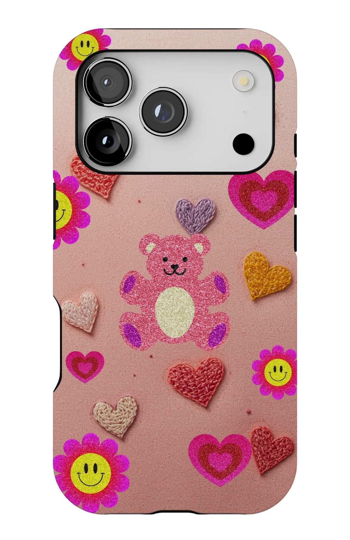 Hearts, flowers and bears like stickers. Shown on an iPhone.