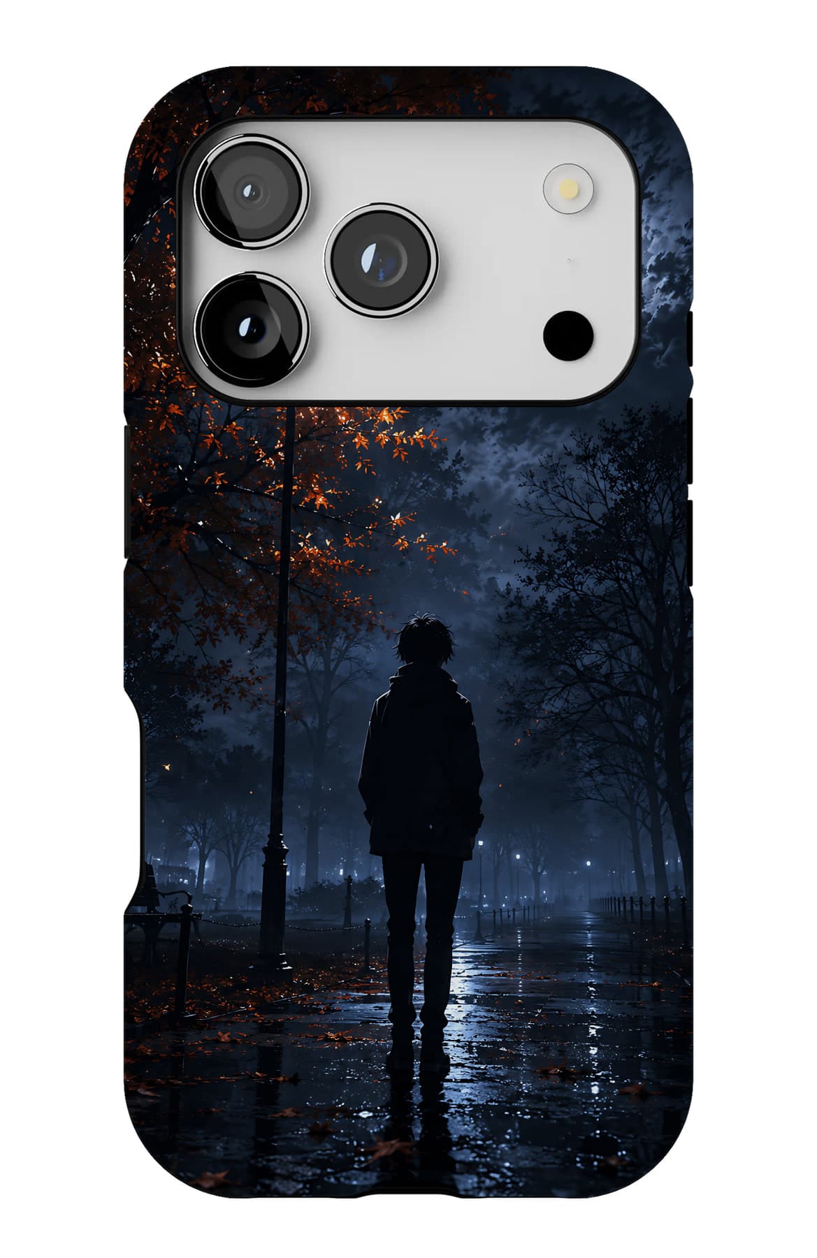 A figure under a streetlight in the rain. Shown on an iPhone.