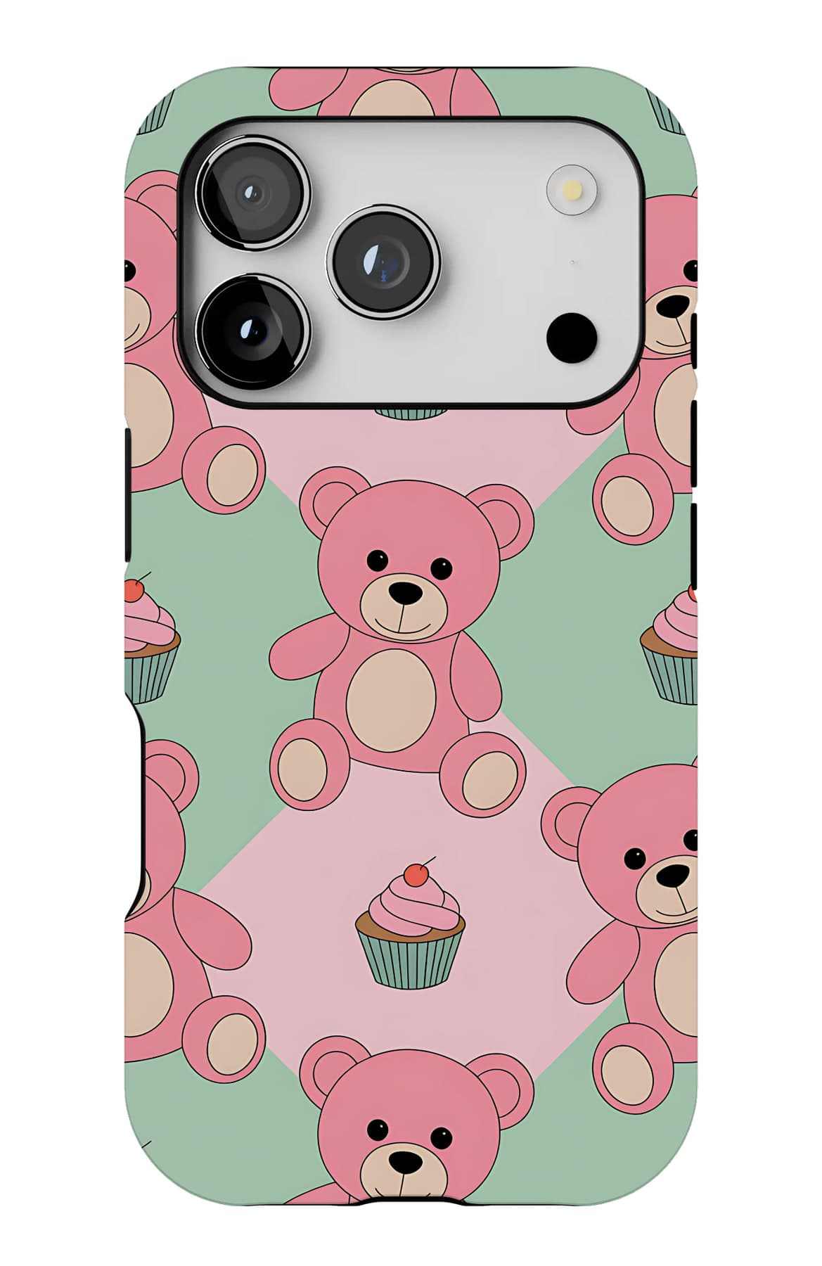 Teddies, stars and hearts on teal. Shown on an iPhone.