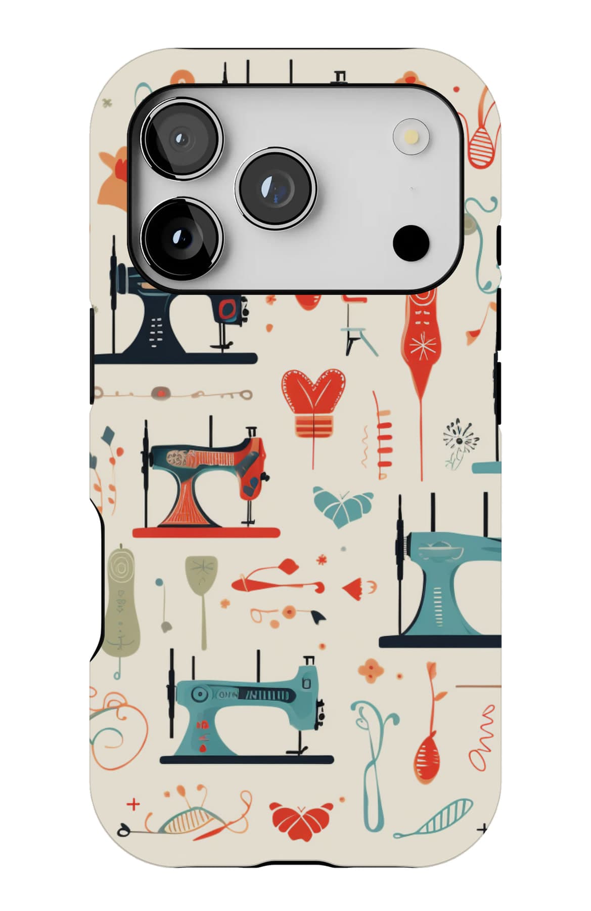 Machines, thread and scissors on cream. Shown on an iPhone.