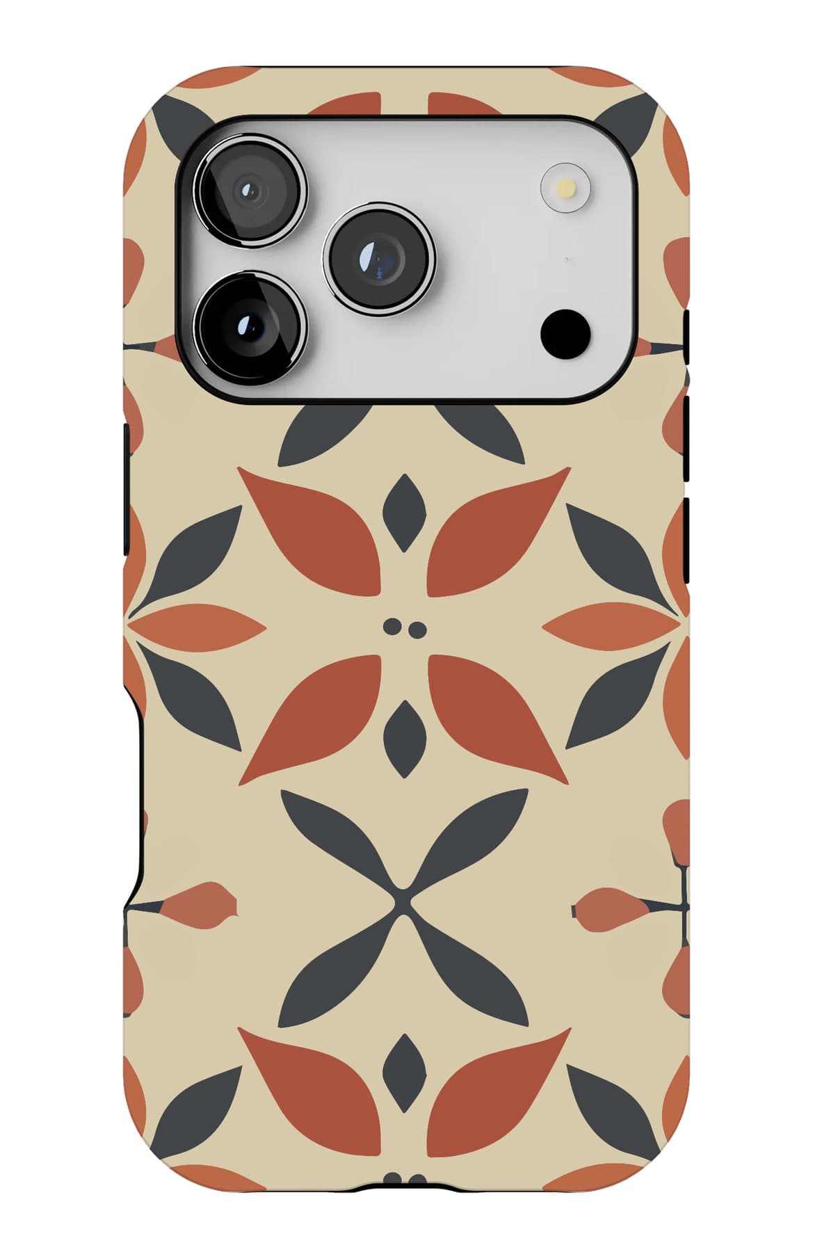 Moroccan florets in rust and navy on cream. Shown on an iPhone.