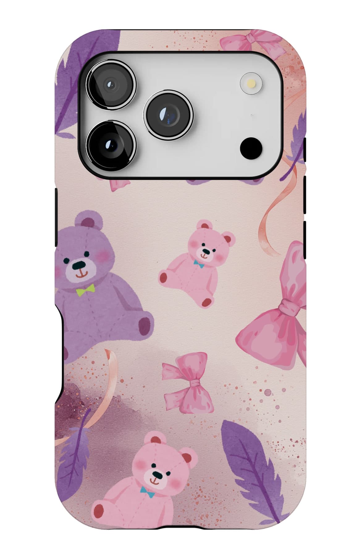A violet bear with ribbon and balloons. Shown on an iPhone.
